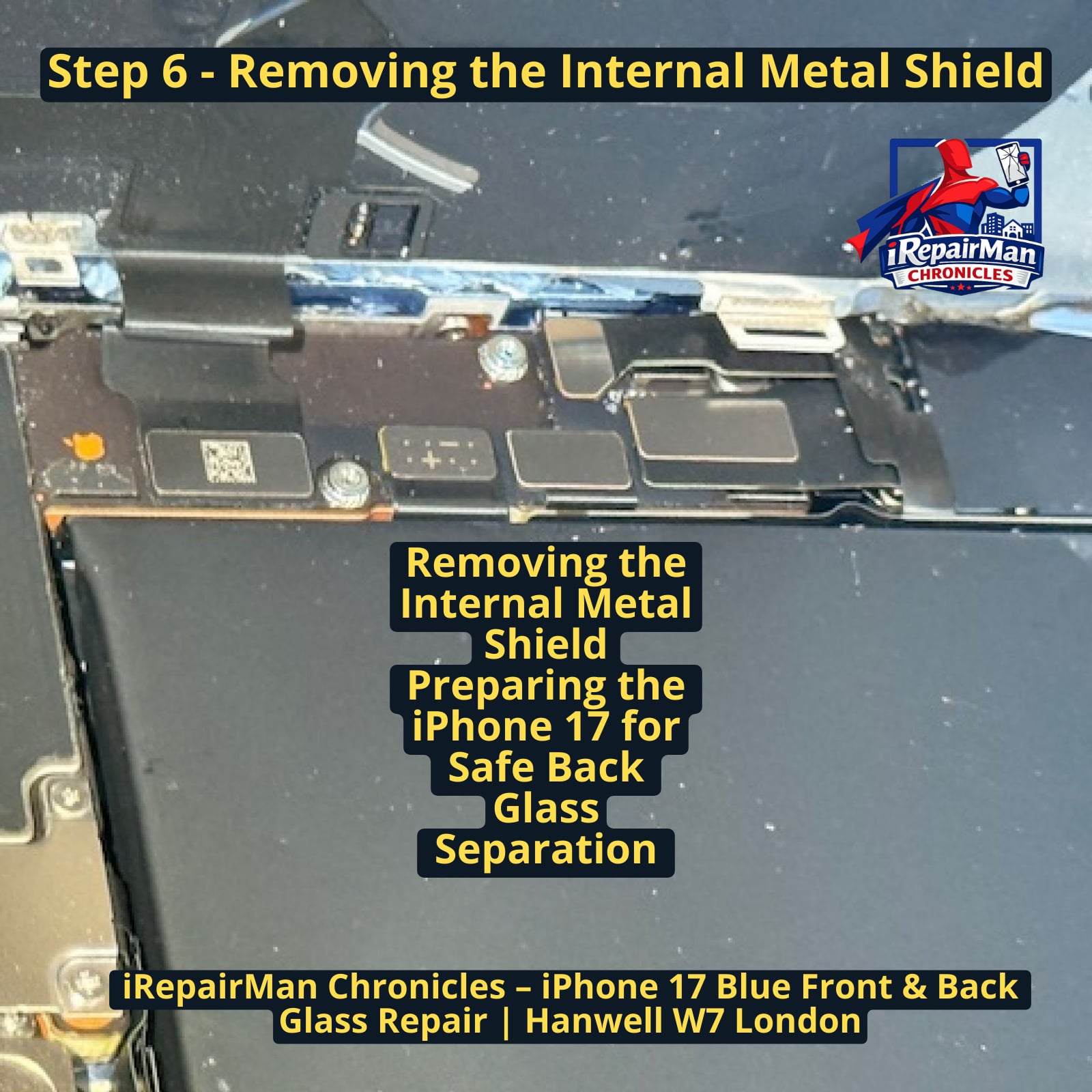removing internal metal shield from iPhone 17 during back glass repair in Hanwell W7 London