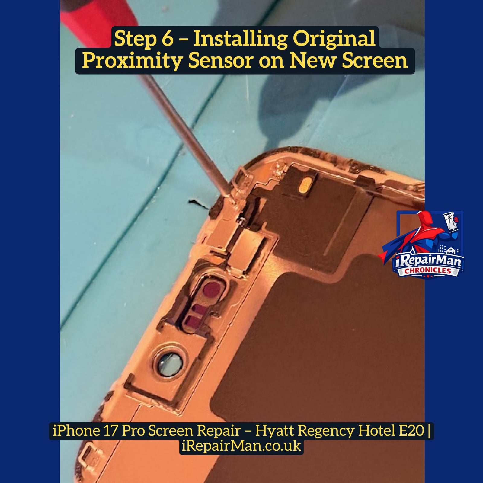 Installing proximity sensor flex onto new iPhone 17 Pro replacement screen during repair