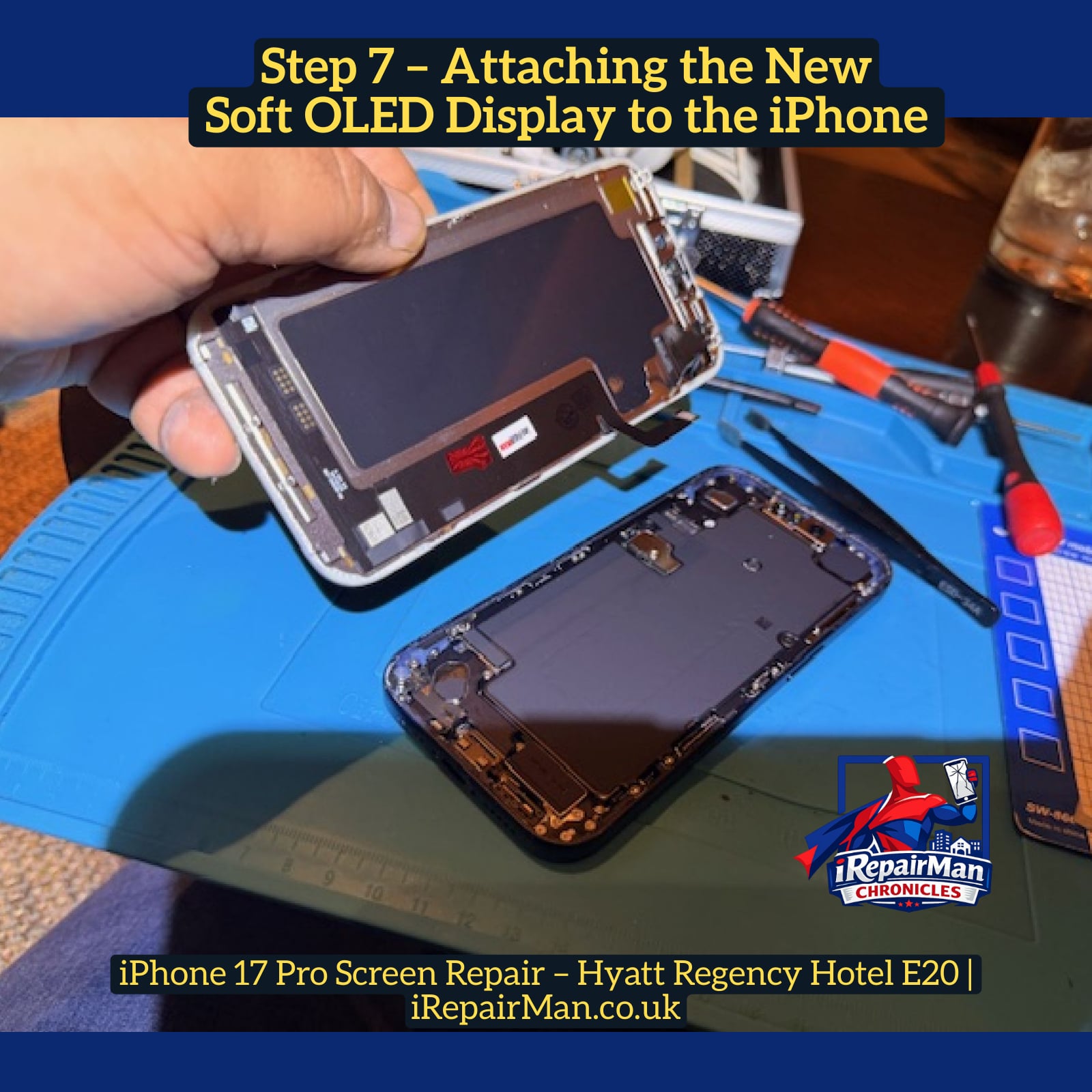 Installing new replacement screen on iPhone 17 Pro during screen repair process