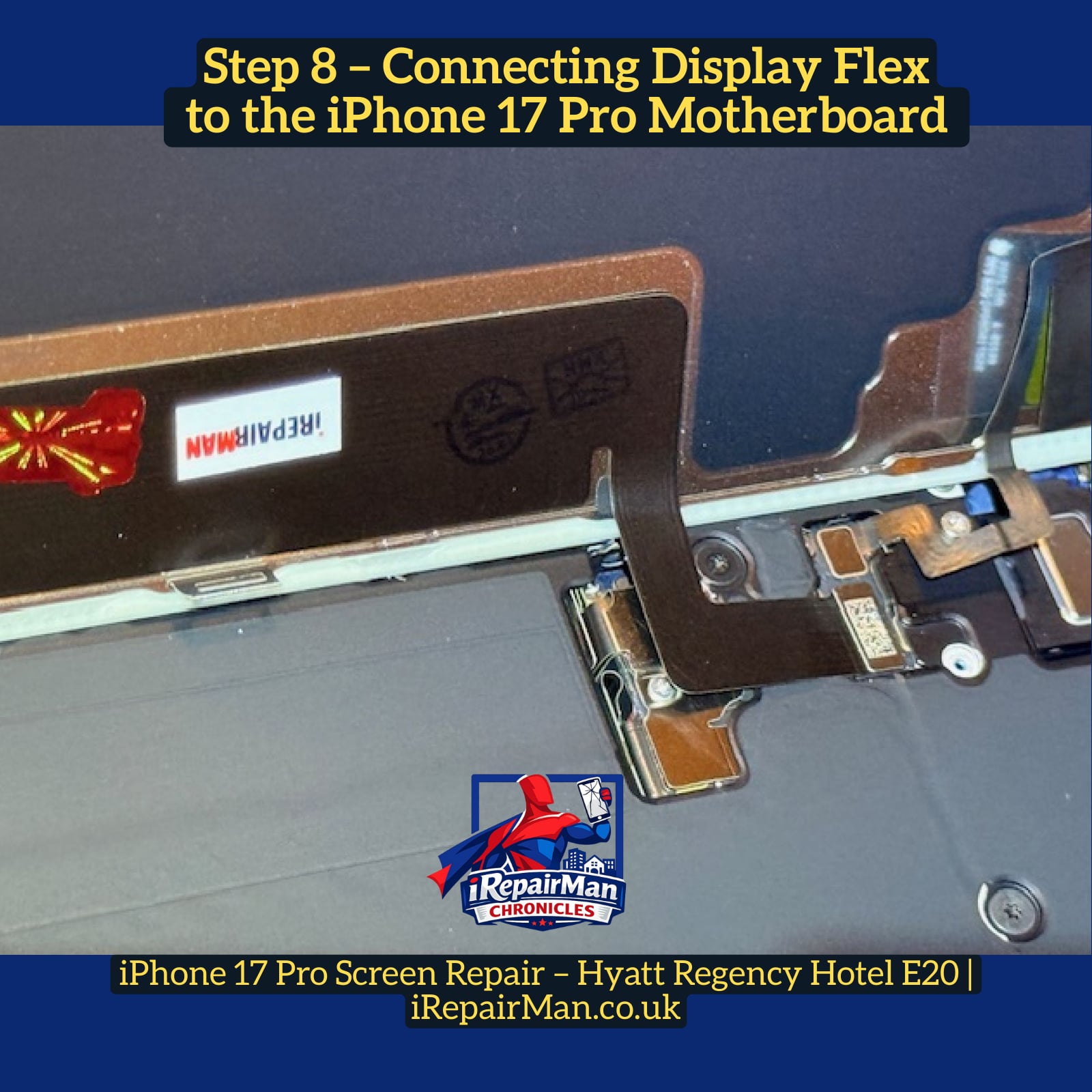 Connecting new display flex cable to iPhone 17 Pro motherboard during screen replacement