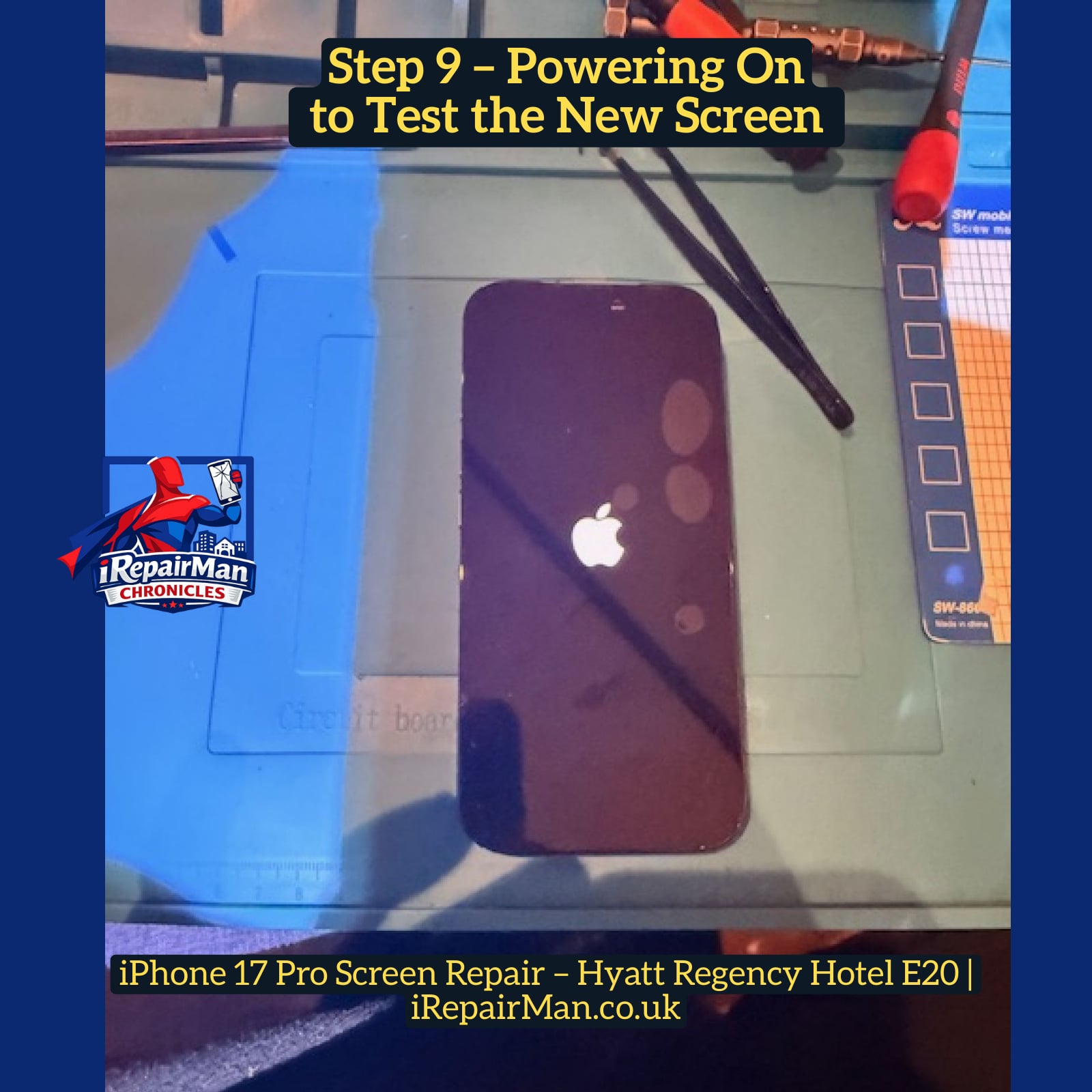 Testing new Soft OLED screen on repaired iPhone 17 Pro during screen replacement process