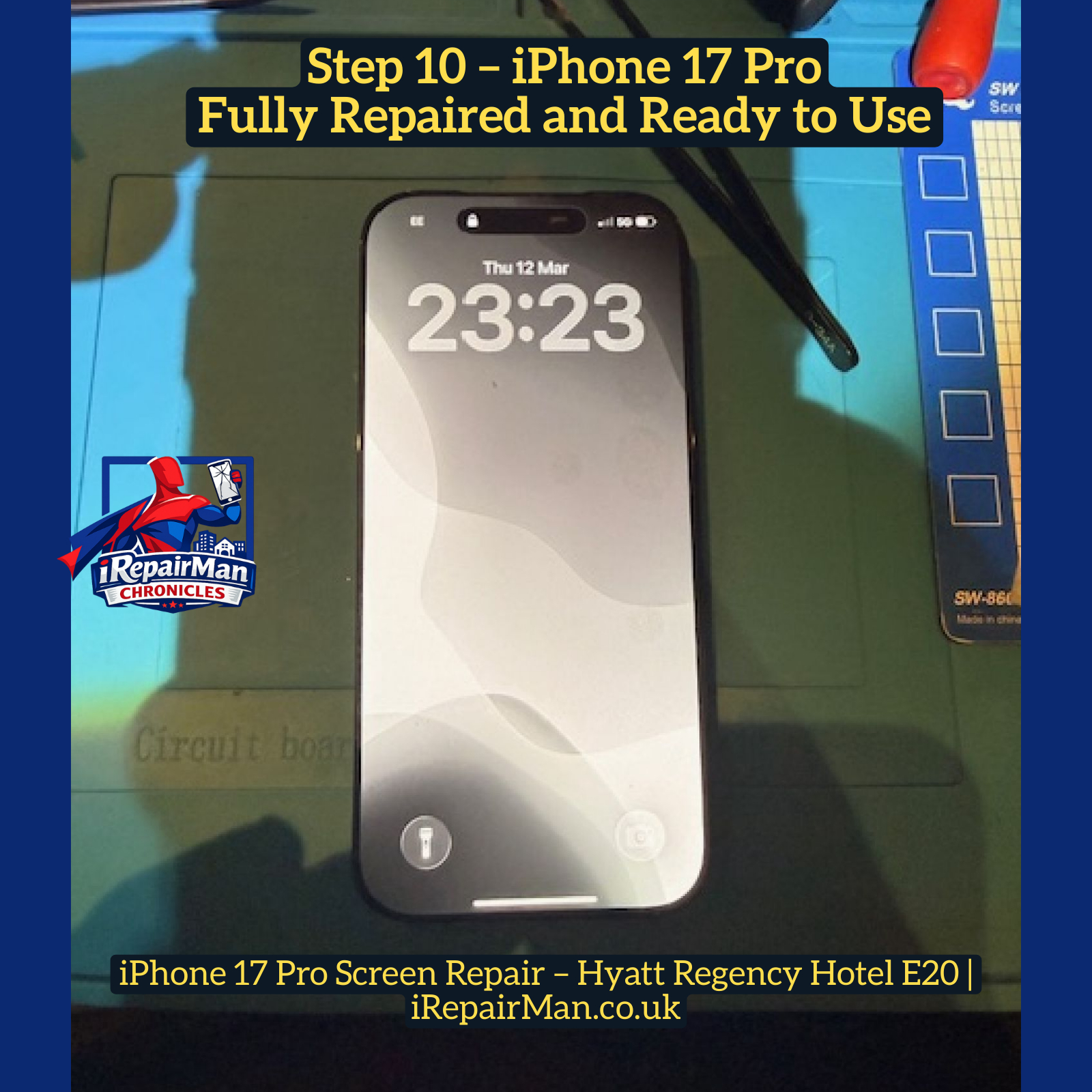 Fully repaired iPhone 17 Pro with new screen installed after repair at Hyatt Regency Stratford E20