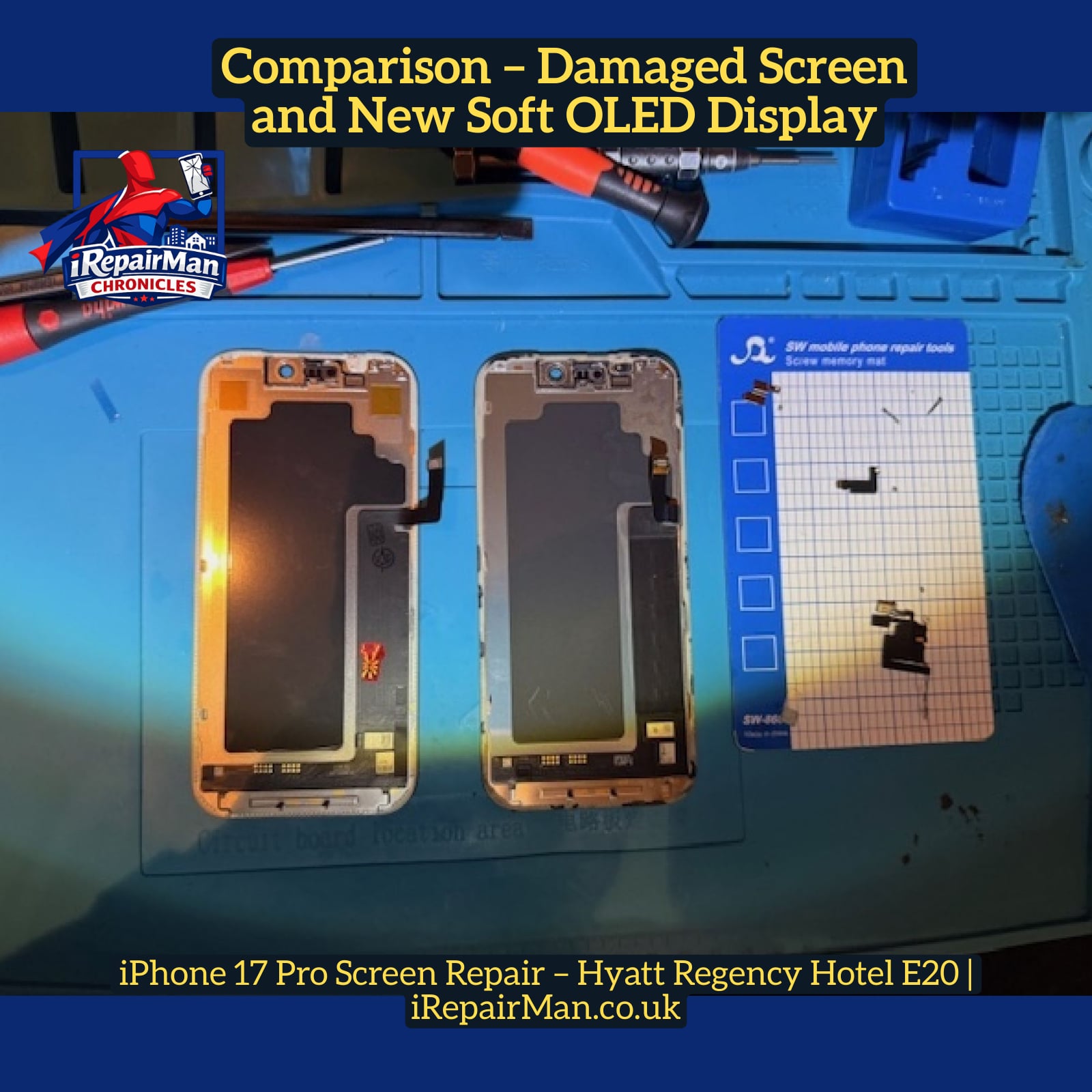 Old broken iPhone 17 Pro screen next to new replacement display during screen repair process