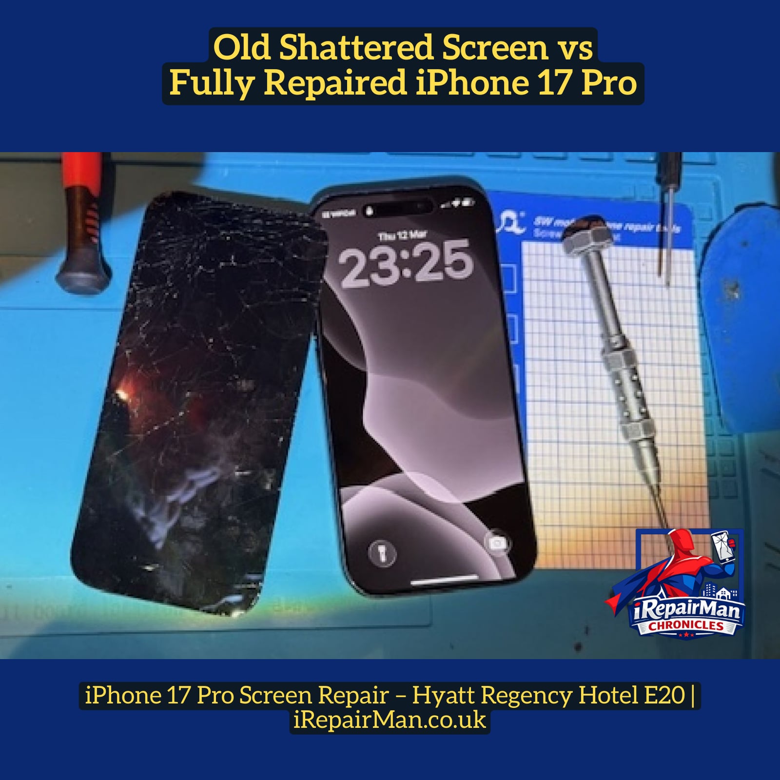 Before and after iPhone 17 Pro screen replacement showing shattered screen and repaired phone