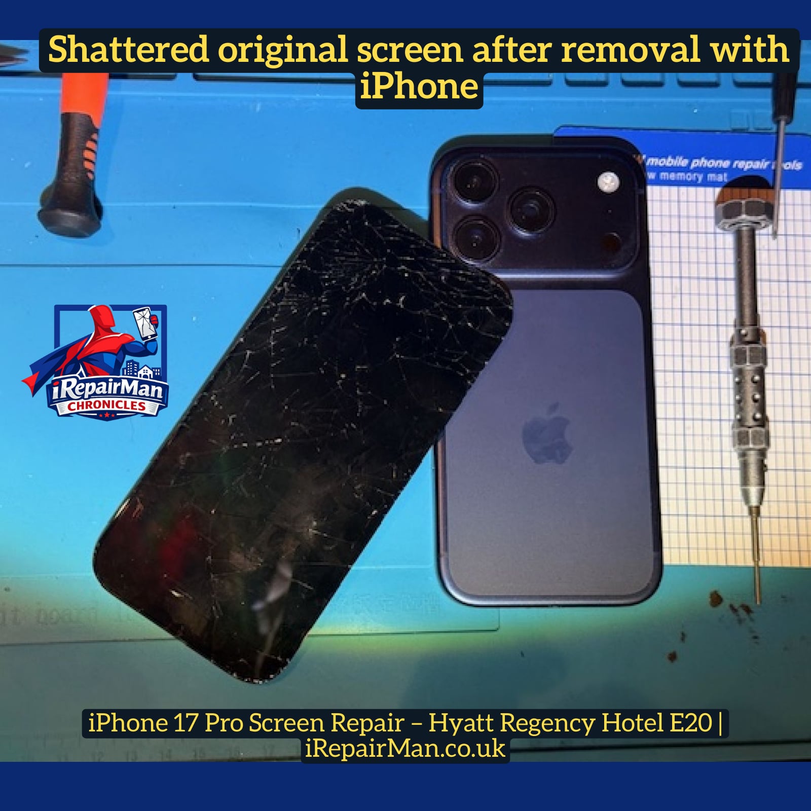 Shattered iPhone 17 Pro screen placed next to the phone before screen replacement repair