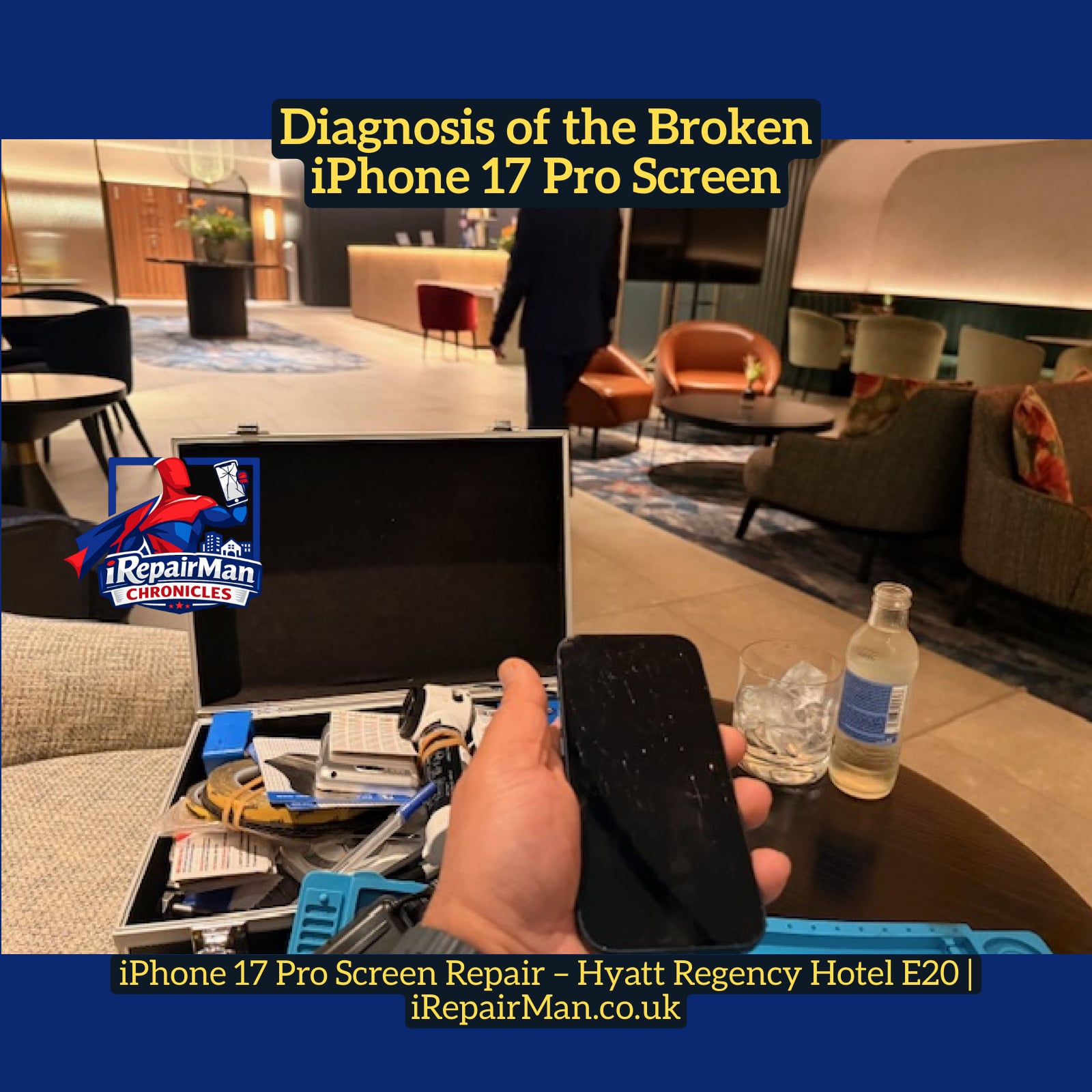 Shattered iPhone 17 Pro screen before repair at Hyatt Regency Stratford E20 by iRepairMan technician
