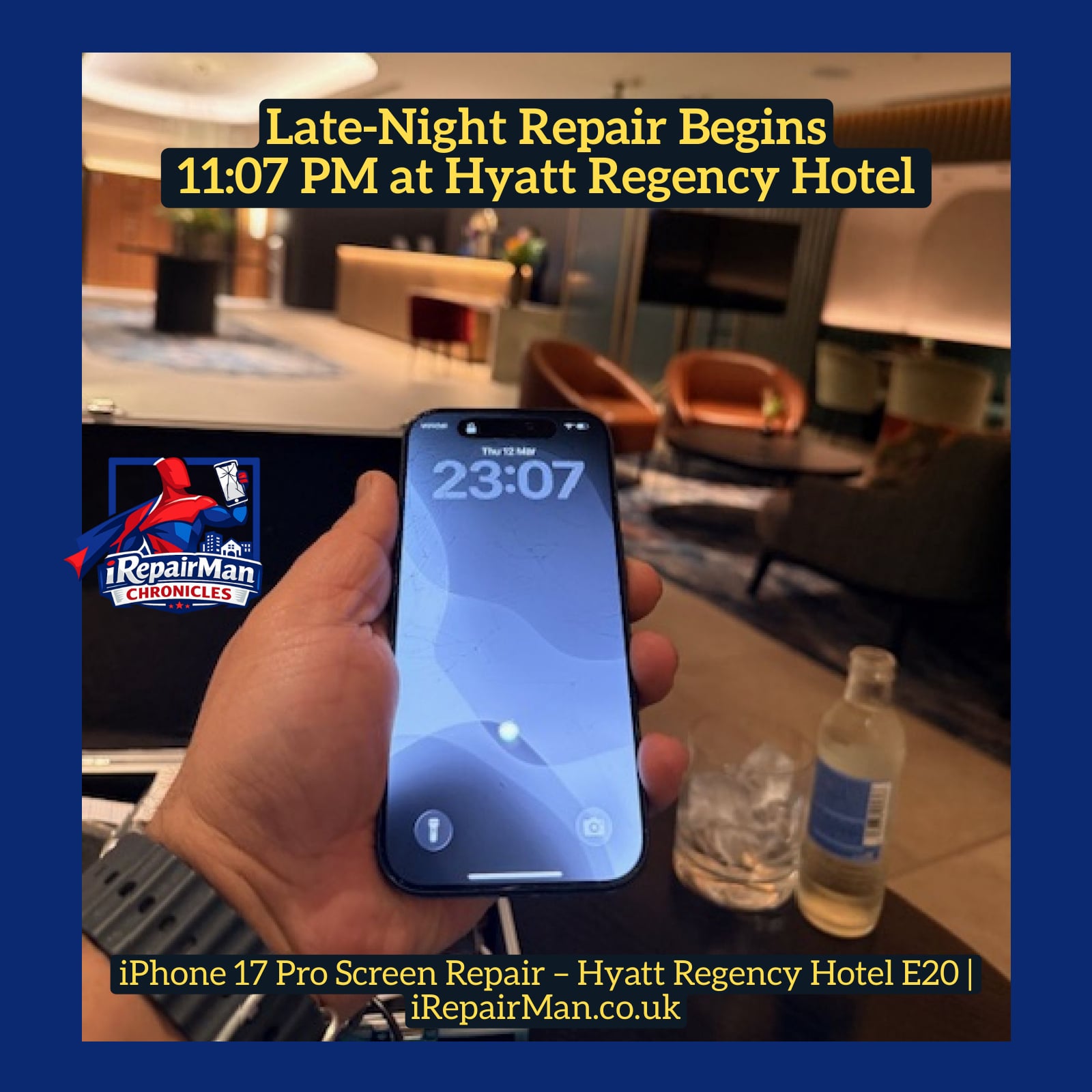 Shattered iPhone 17 Pro screen at 11 PM before repair inside Hyatt Regency Stratford E20 hotel