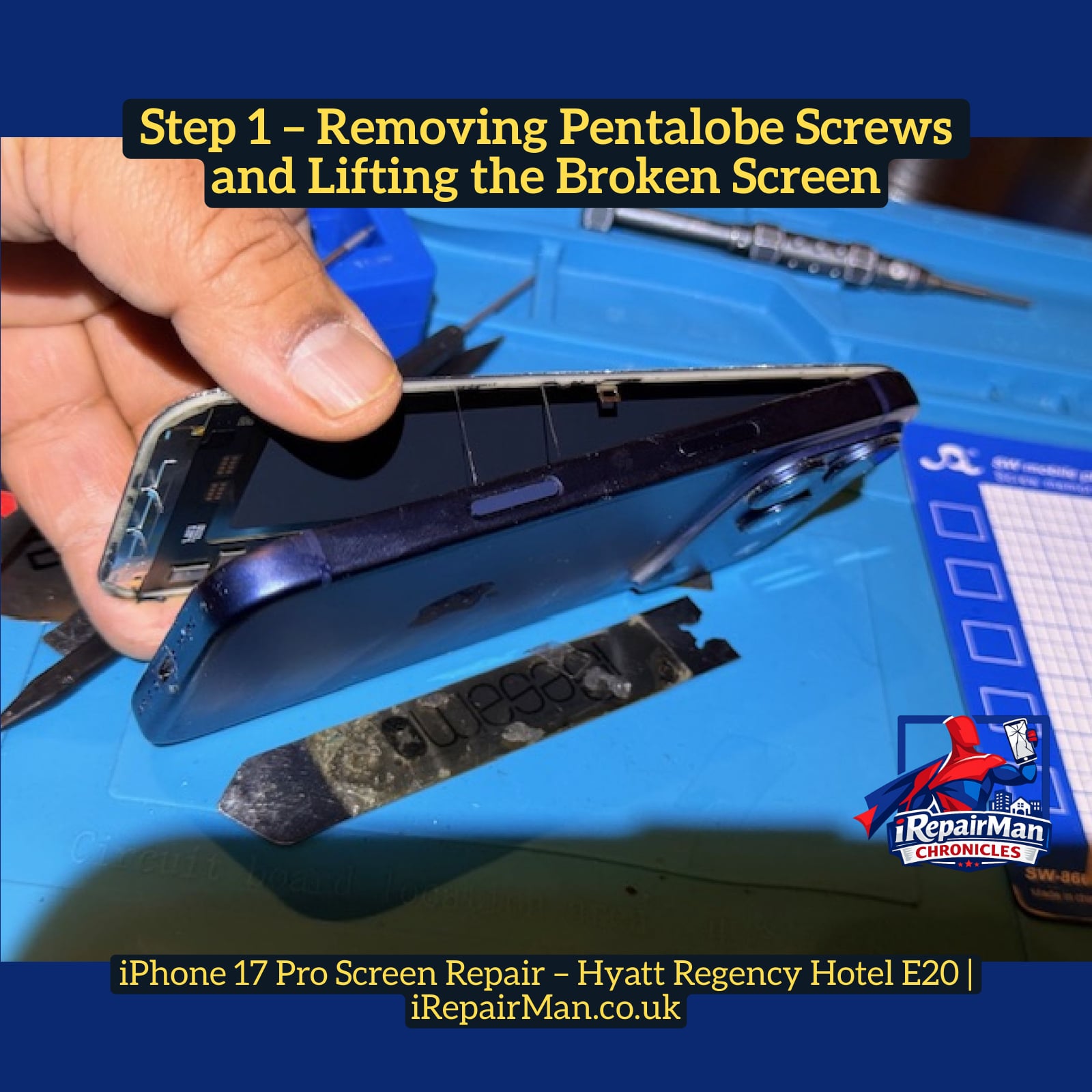 Technician lifting cracked iPhone 17 Pro screen during screen replacement repair at Hyatt Regency Stratford E20