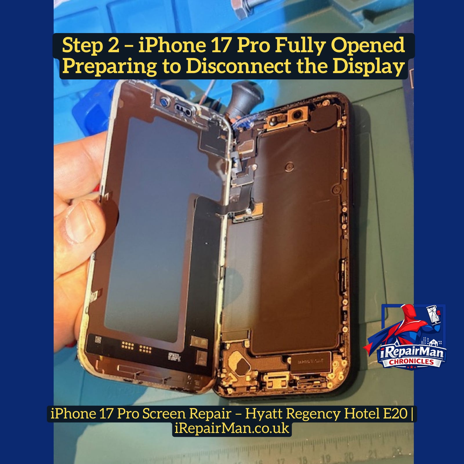 iPhone 17 Pro fully opened during screen replacement repair at Hyatt Regency Stratford E20