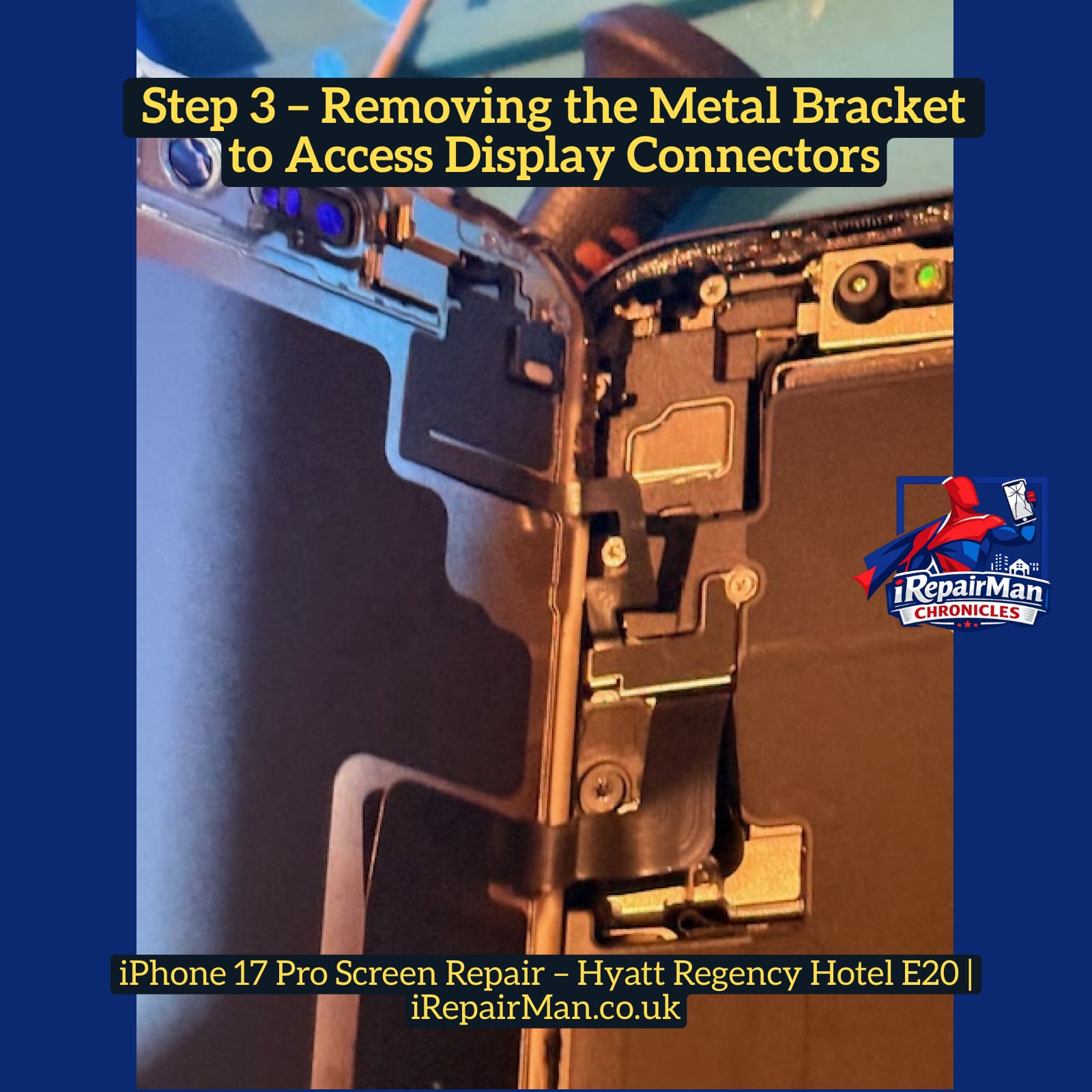 Technician removing metal bracket from iPhone 17 Pro display connector during screen replacement repair
