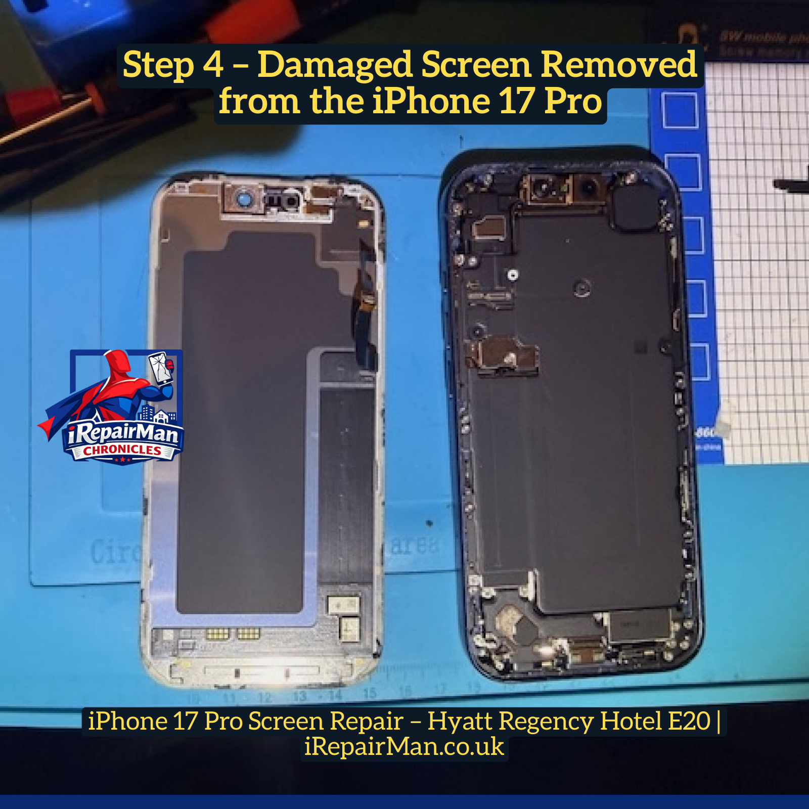Broken iPhone 17 Pro display removed from the phone during screen replacement repair
