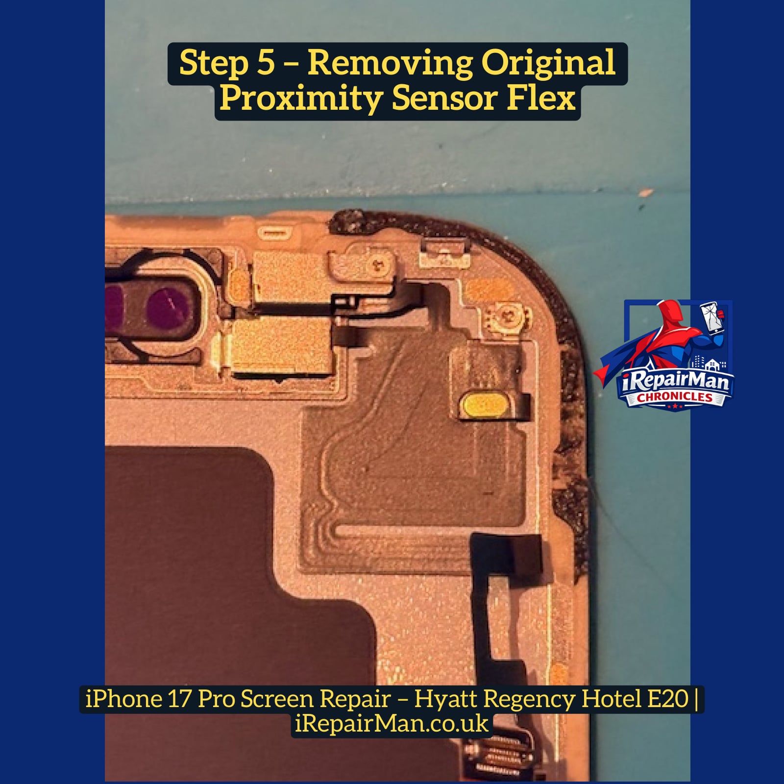 Removing proximity sensor flex from old iPhone 17 Pro screen during screen replacement repair