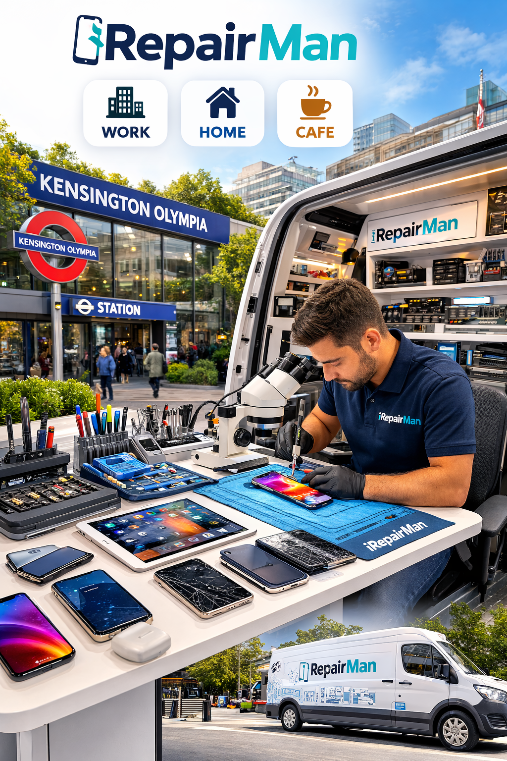 iRepairMan mobile repair van workstation fixing iPhone near Kensington Olympia Station W14