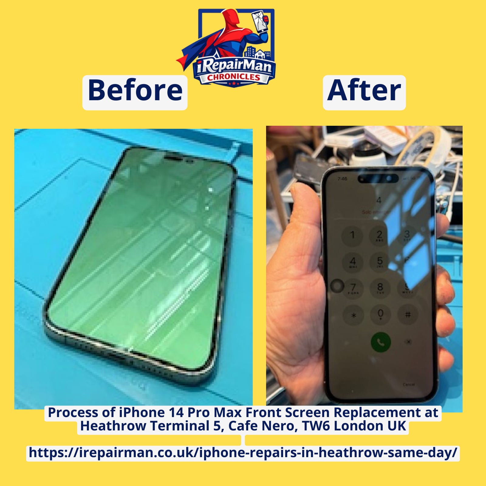 iPhone 14 Pro Max before and after screen repair Heathrow Terminal 5 London TW6