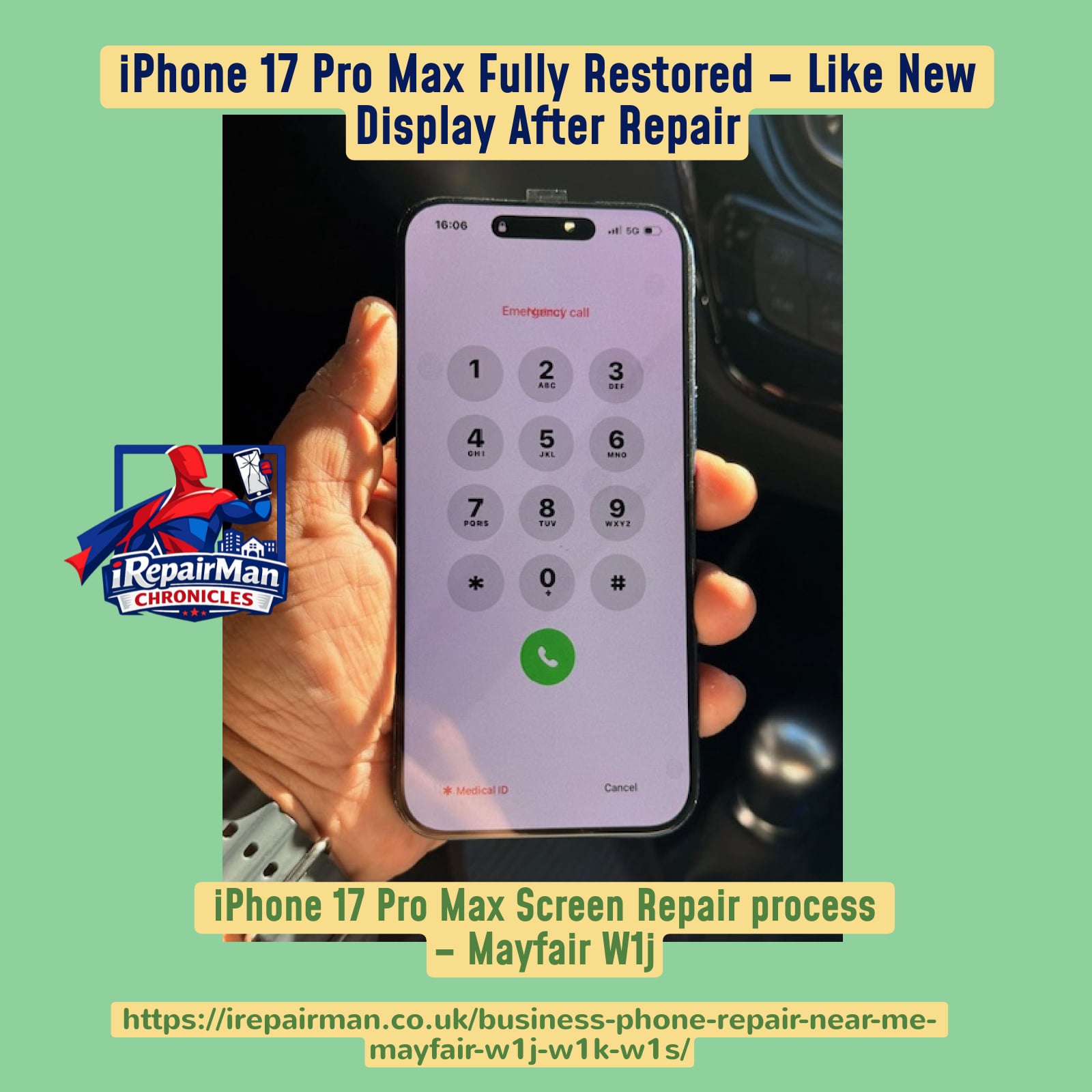 iPhone 17 Pro Max fully repaired with new screen working perfectly after replacement in Mayfair London