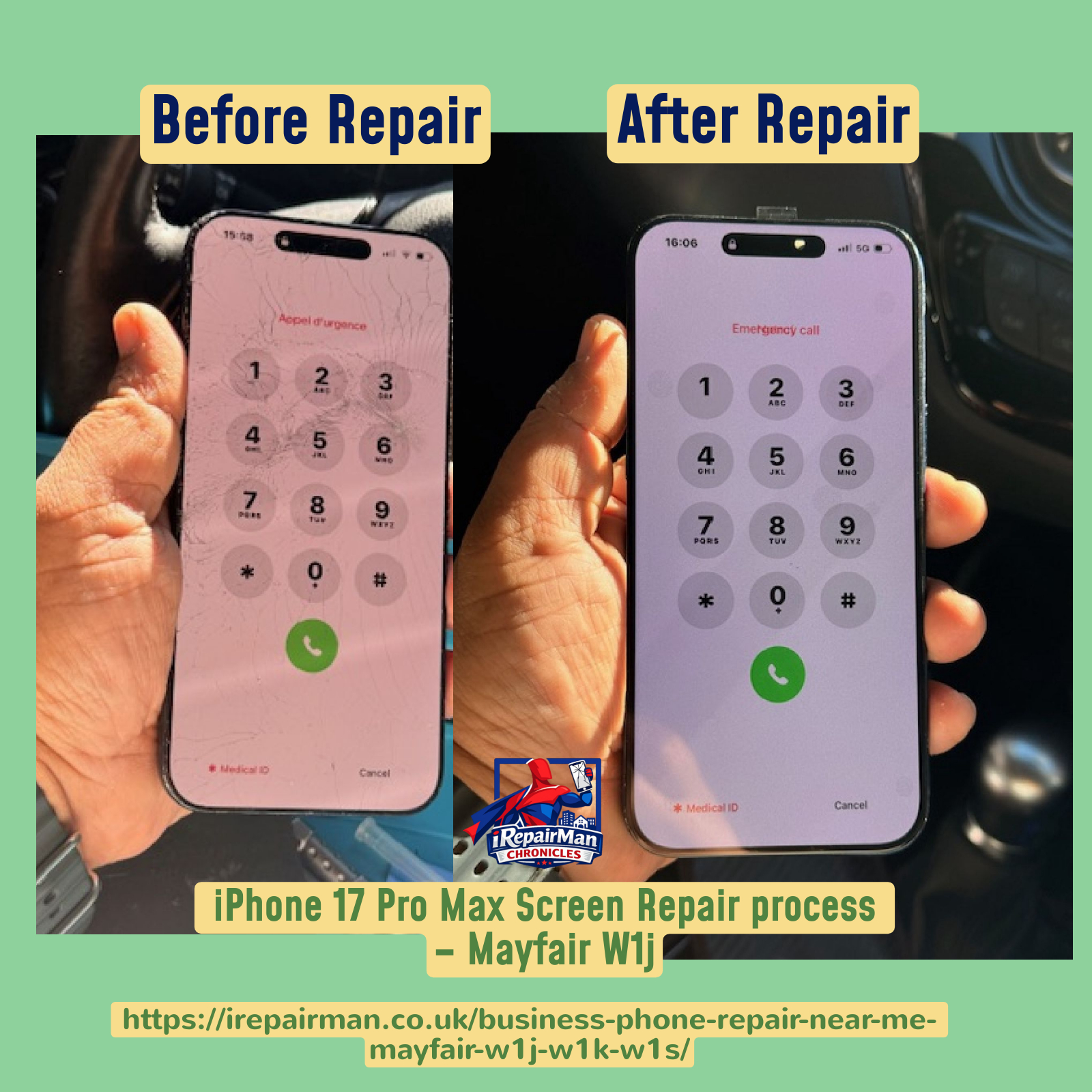 Before and after iPhone 17 Pro Max screen repair comparison showing cracked screen and fully restored display in Mayfair London