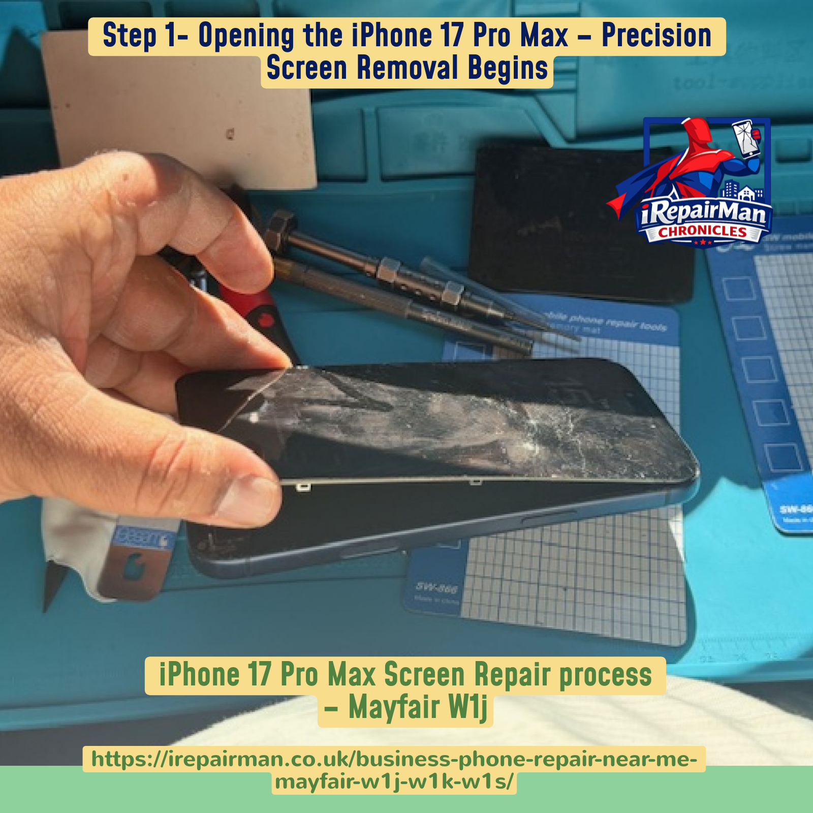 iPhone 17 Pro Max screen opening process using pentalobe screwdriver and adhesive softening technique in Mayfair London repair