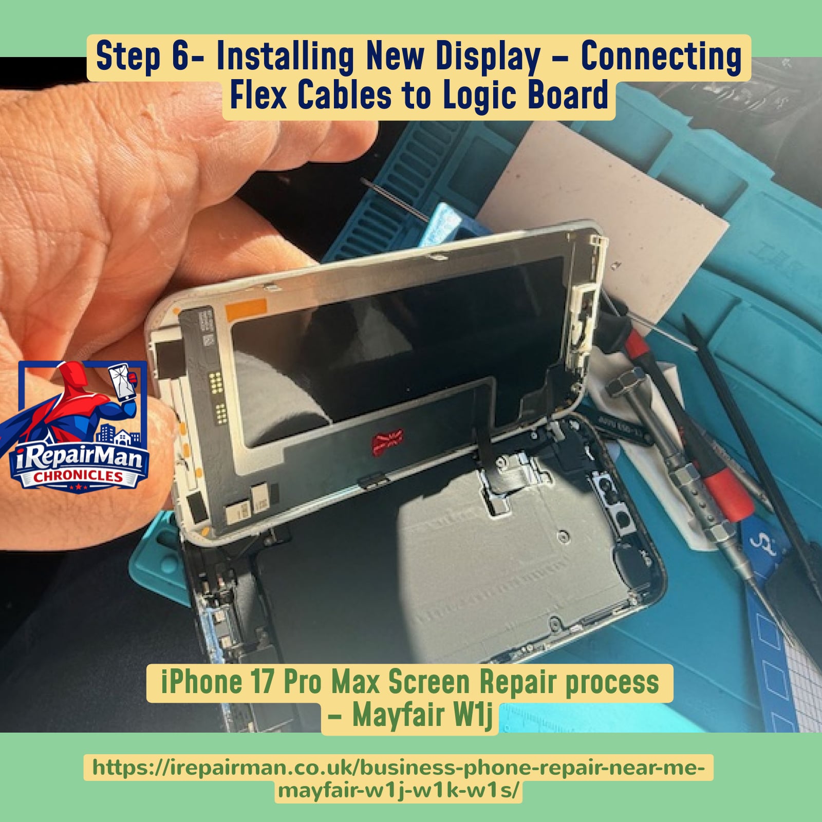 Installing new iPhone 17 Pro Max display connecting flex cables to motherboard during screen replacement Mayfair London