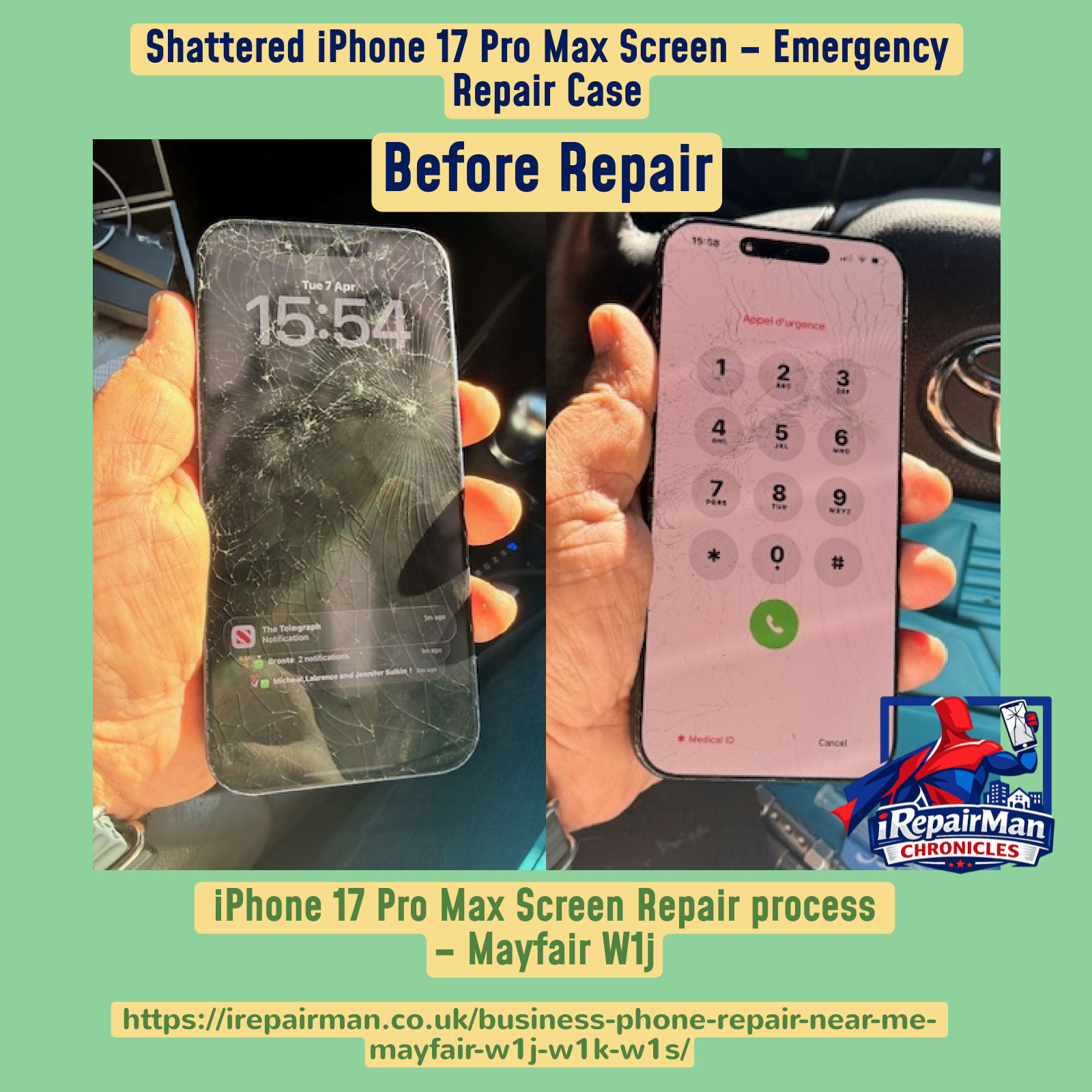 Shattered iPhone 17 Pro Max screen with severe cracks before repair in Mayfair W1J London business client case