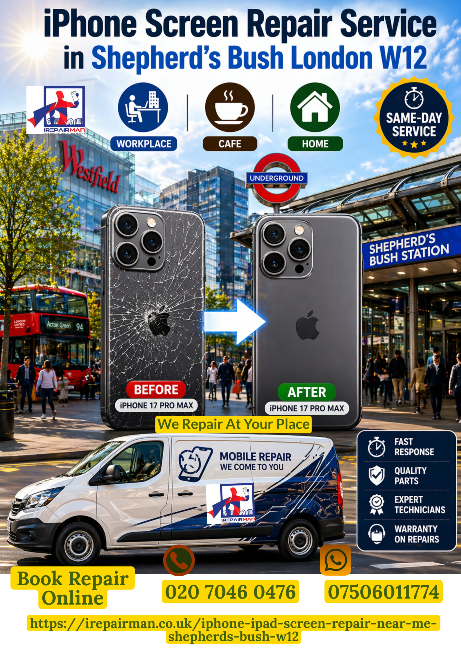 iPhone screen repair service in Shepherd’s Bush London W12 at workplace home and cafe by iRepairMan