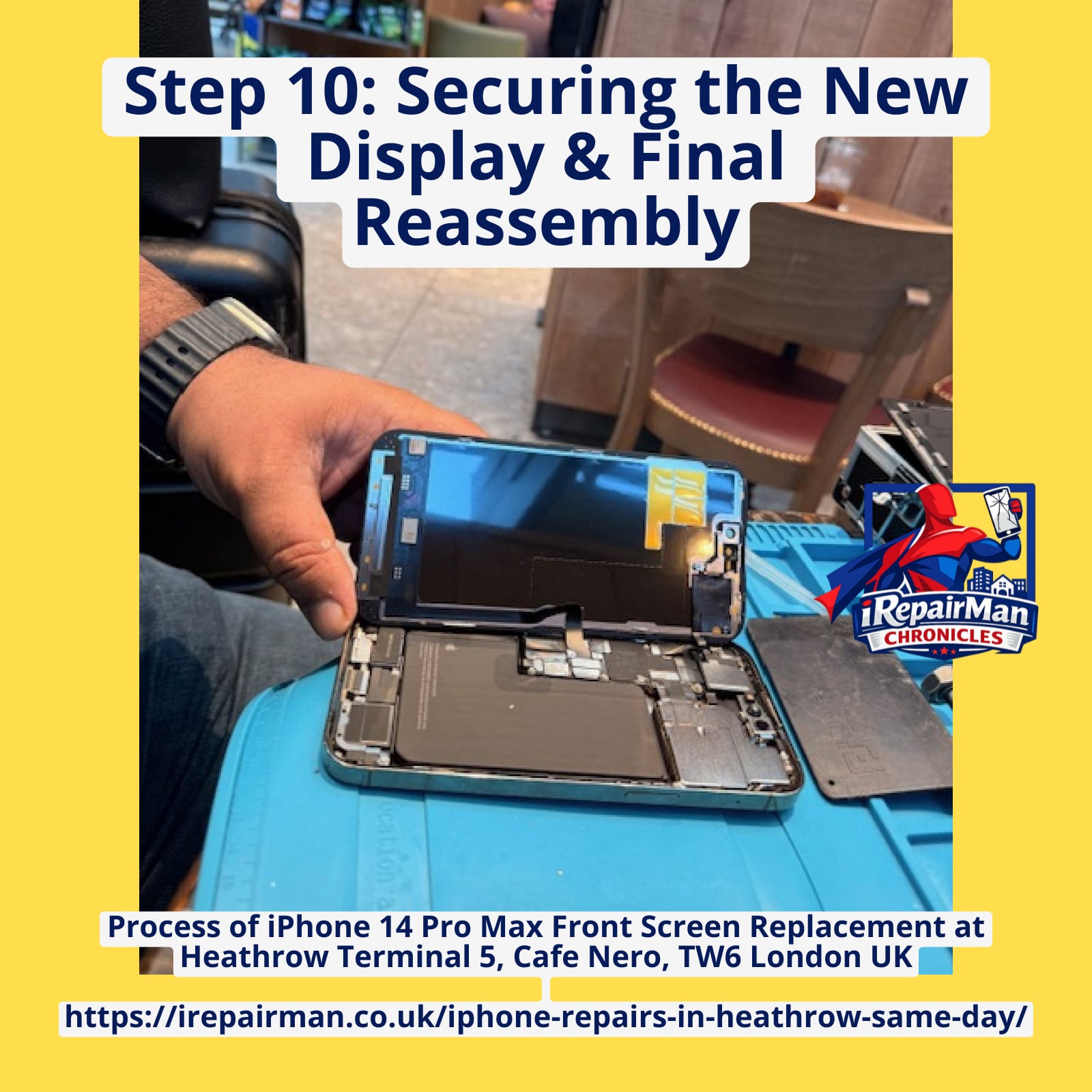 iPhone 14 Pro Max screen being secured with screws during final assembly Heathrow repair