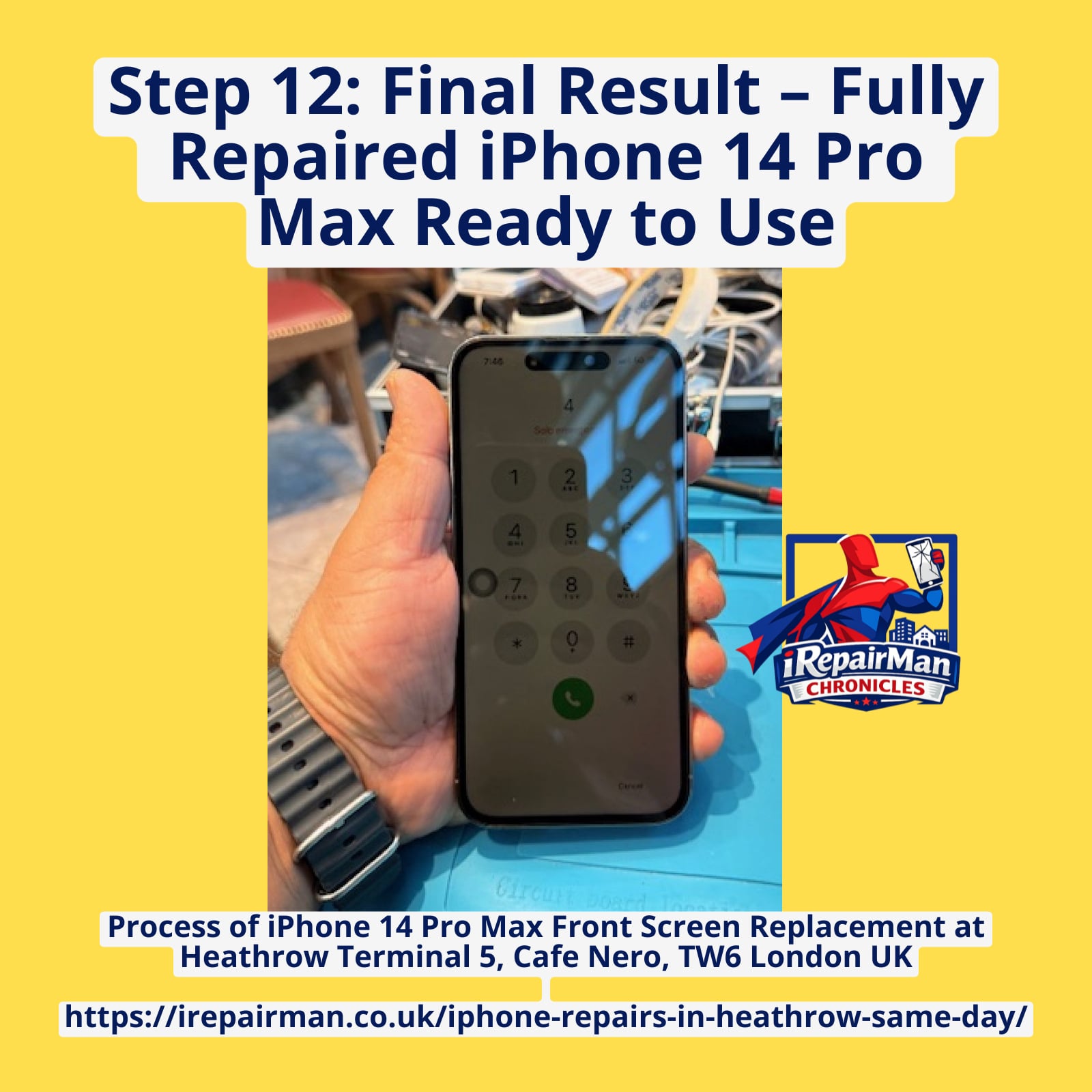 iPhone 14 Pro Max fully repaired screen working perfectly Heathrow airport repair