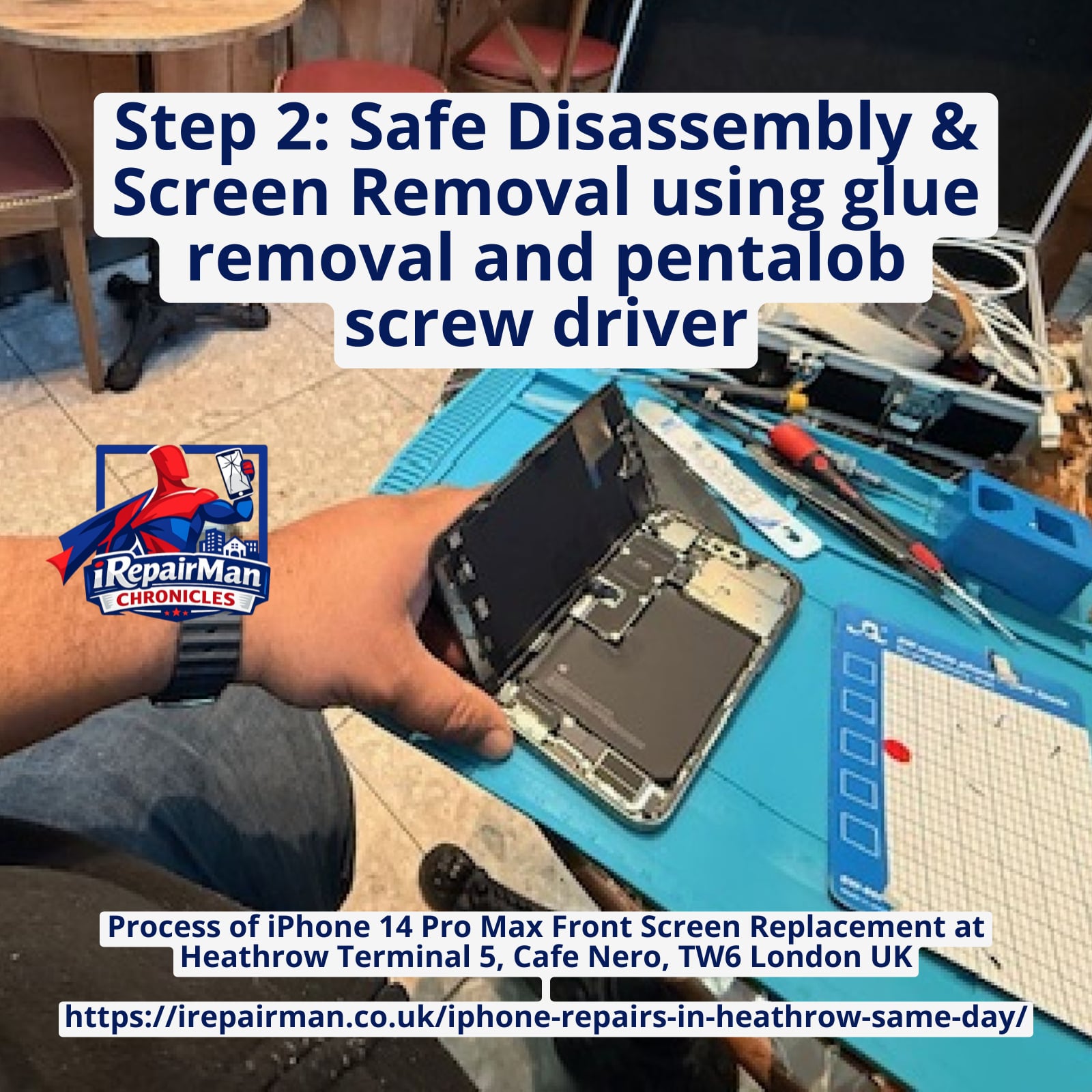 iPhone 14 Pro Max opened screen removal Heathrow on-site repair