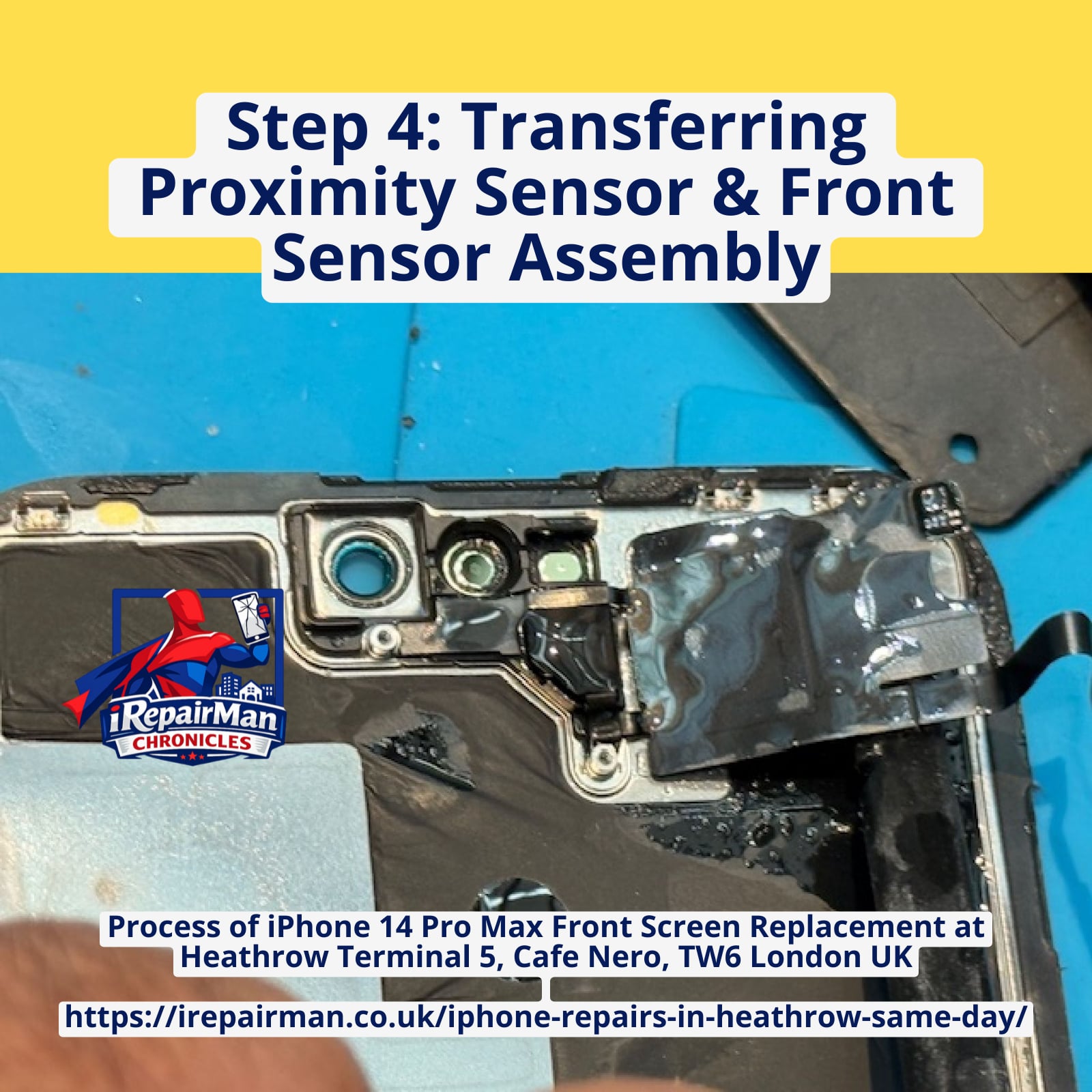 iPhone 14 Pro Max proximity sensor removal from broken screen Heathrow repair