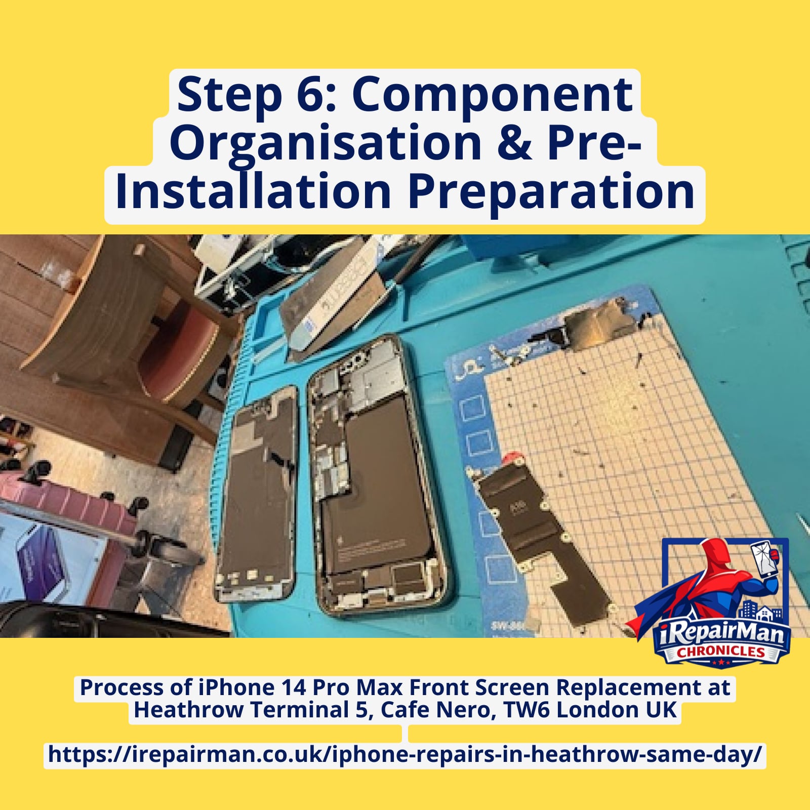 iPhone 14 Pro Max repair components organised before screen installation Heathrow