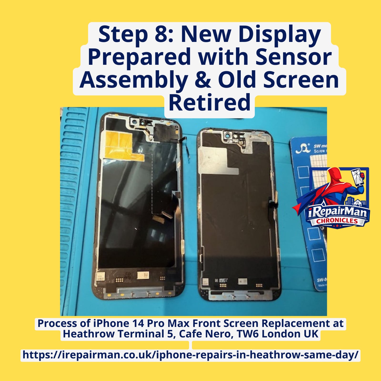 iPhone 14 Pro Max new screen with sensor installed next to old broken display Heathrow repair