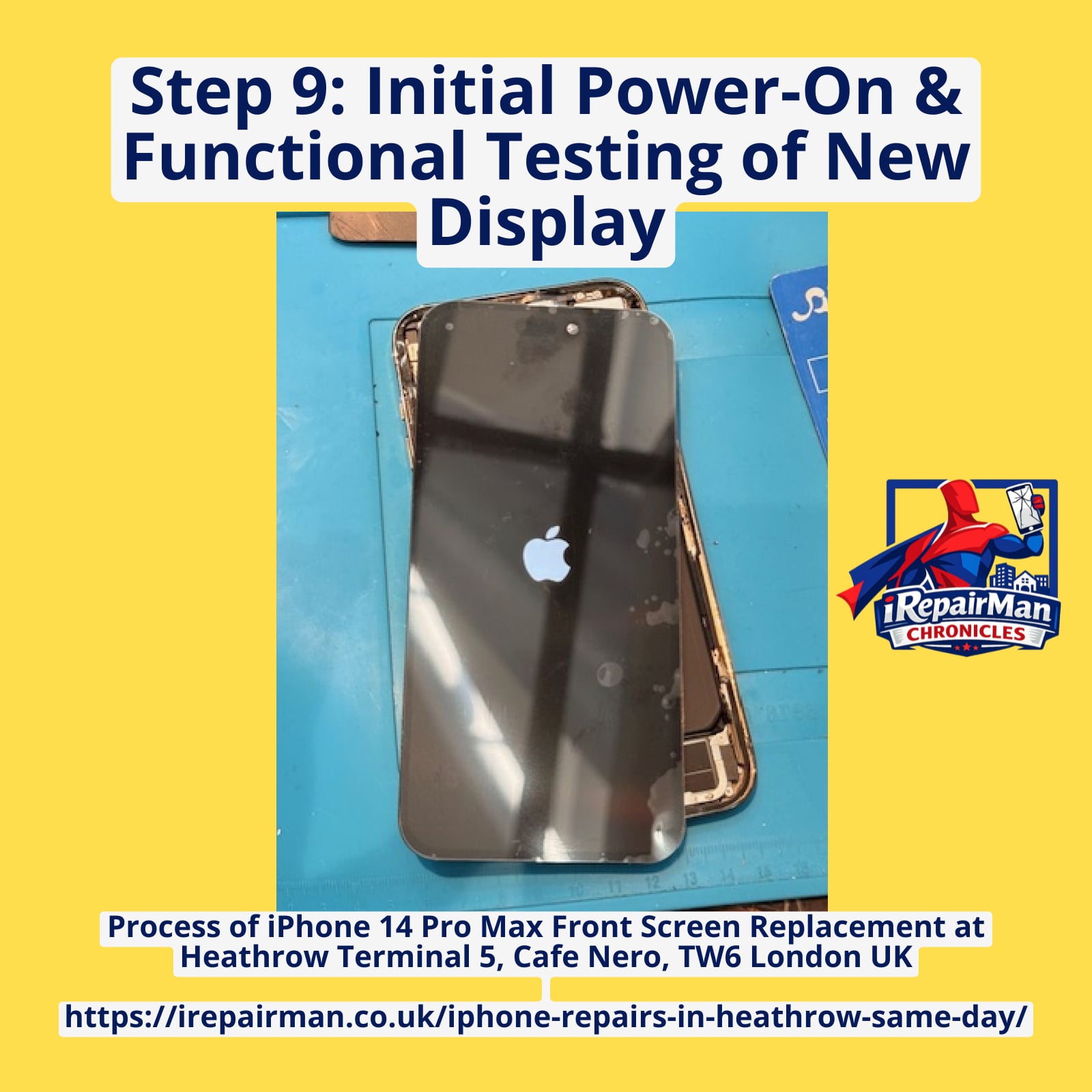 iPhone 14 Pro Max new screen powered on testing display functions Heathrow repair
