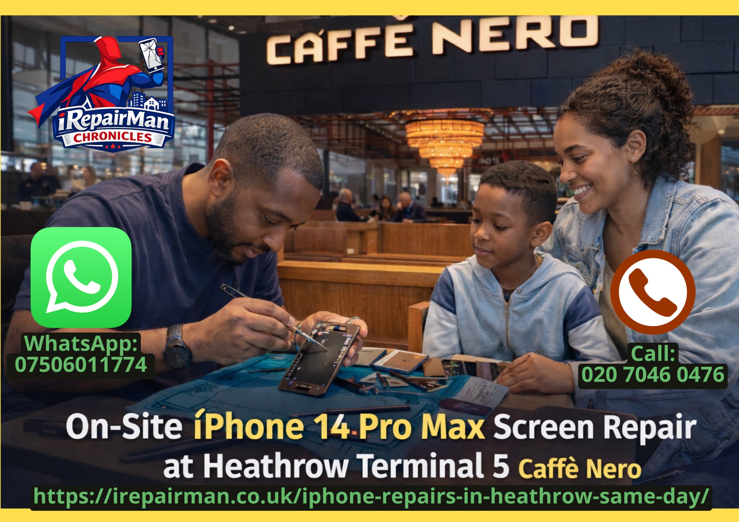 iPhone 14 Pro Max repair at Heathrow Terminal 5 Caffè Nero on-site service