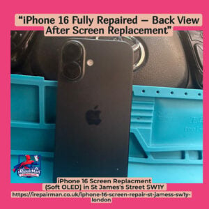 back view of iPhone 16 after screen repair showing clean condition and dual camera setup