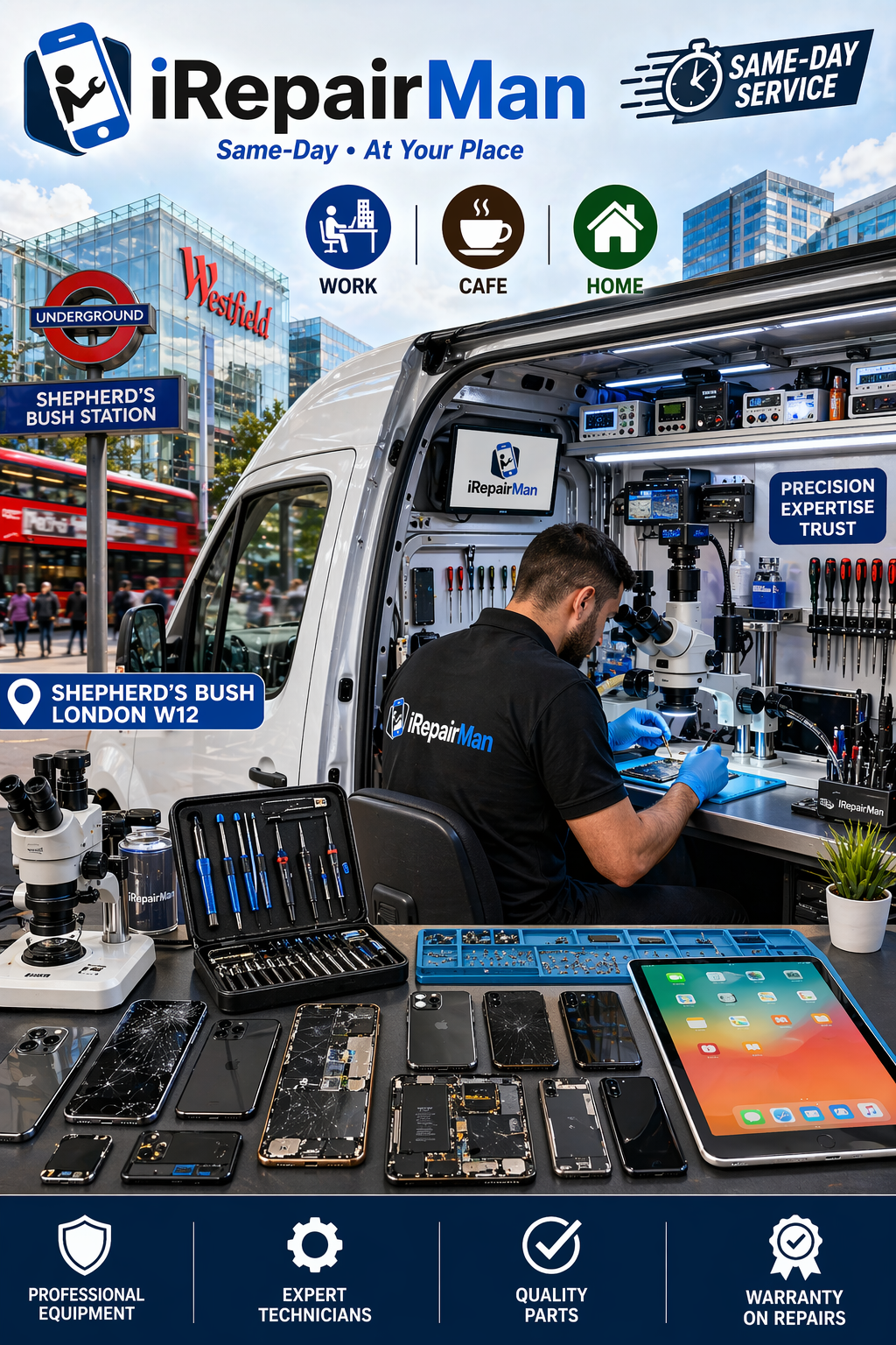 iRepairMan mobile van workstation with technician fixing iPhone in Shepherd’s Bush London W12