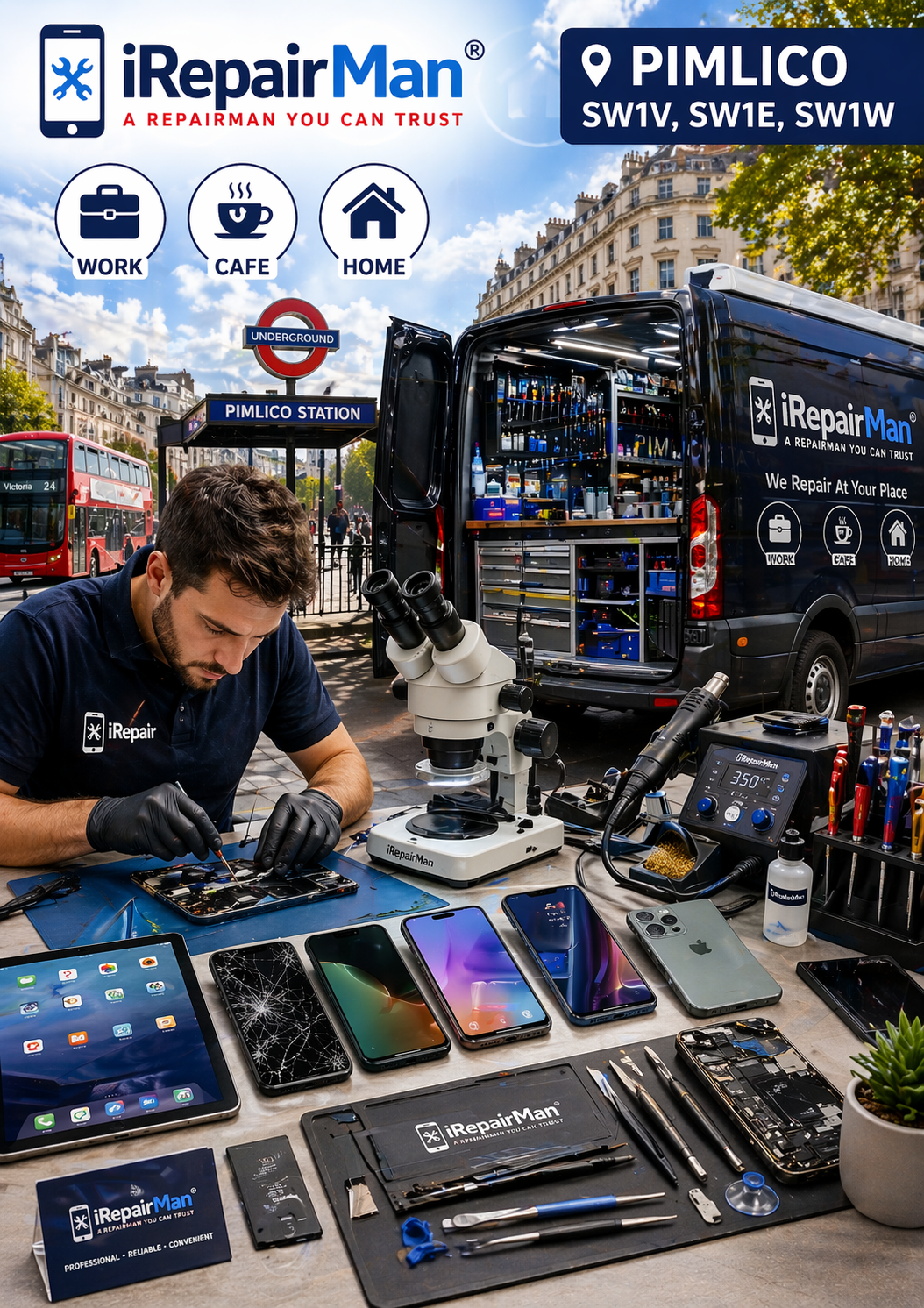 iRepairMan mobile workshop van with technician repairing iPhone and iPad devices in Pimlico London