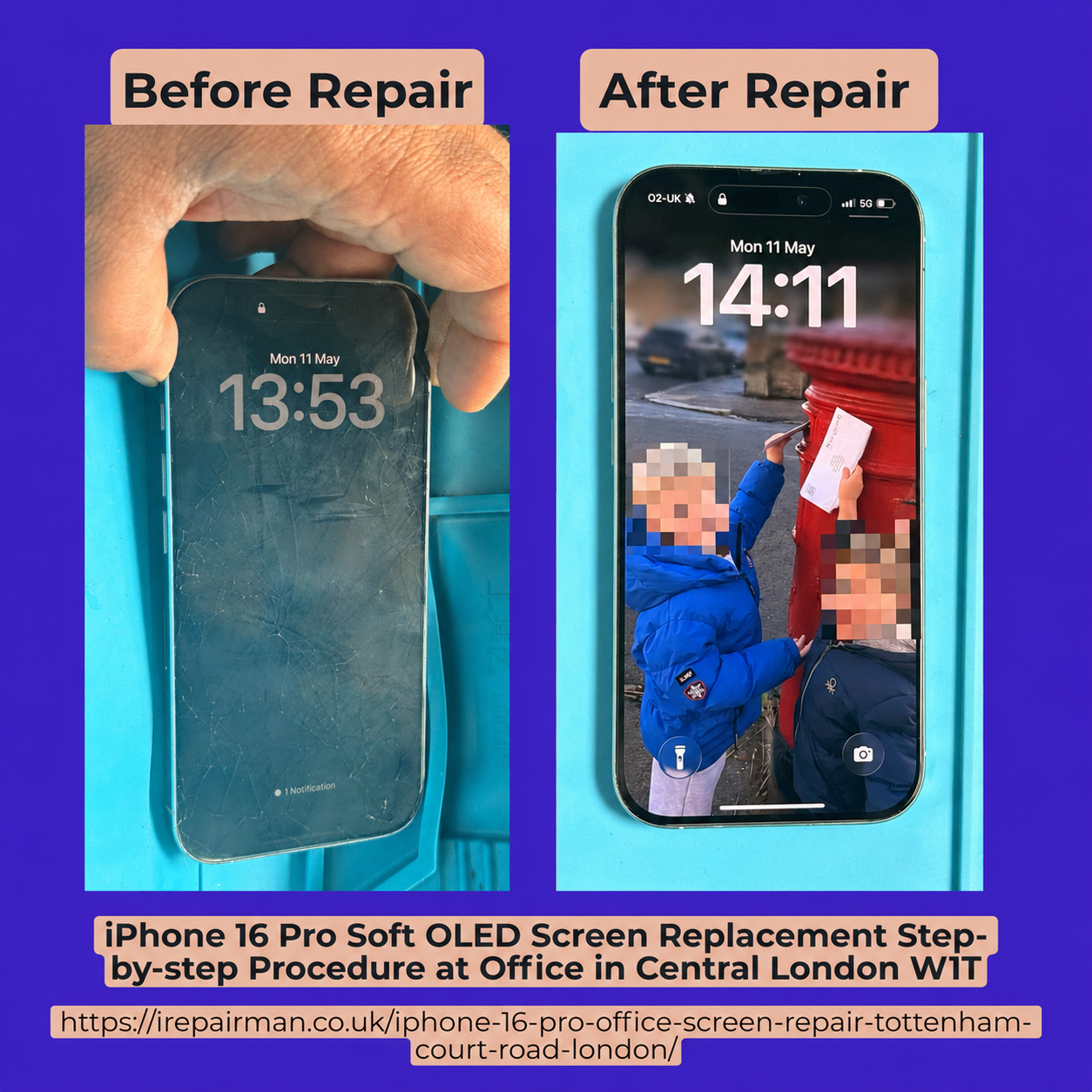 Before and after iPhone 16 Pro repair comparison