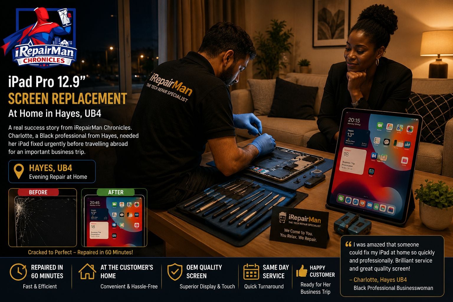 iPad Pro 12.9 screen replacement at customer home in Hayes UB4 by iRepairMan