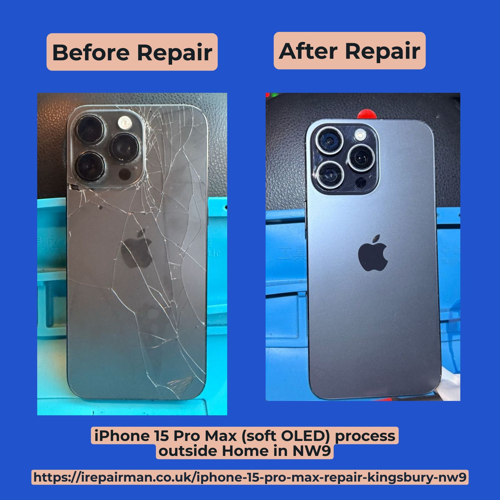Before and after iPhone 15 Pro Max repair