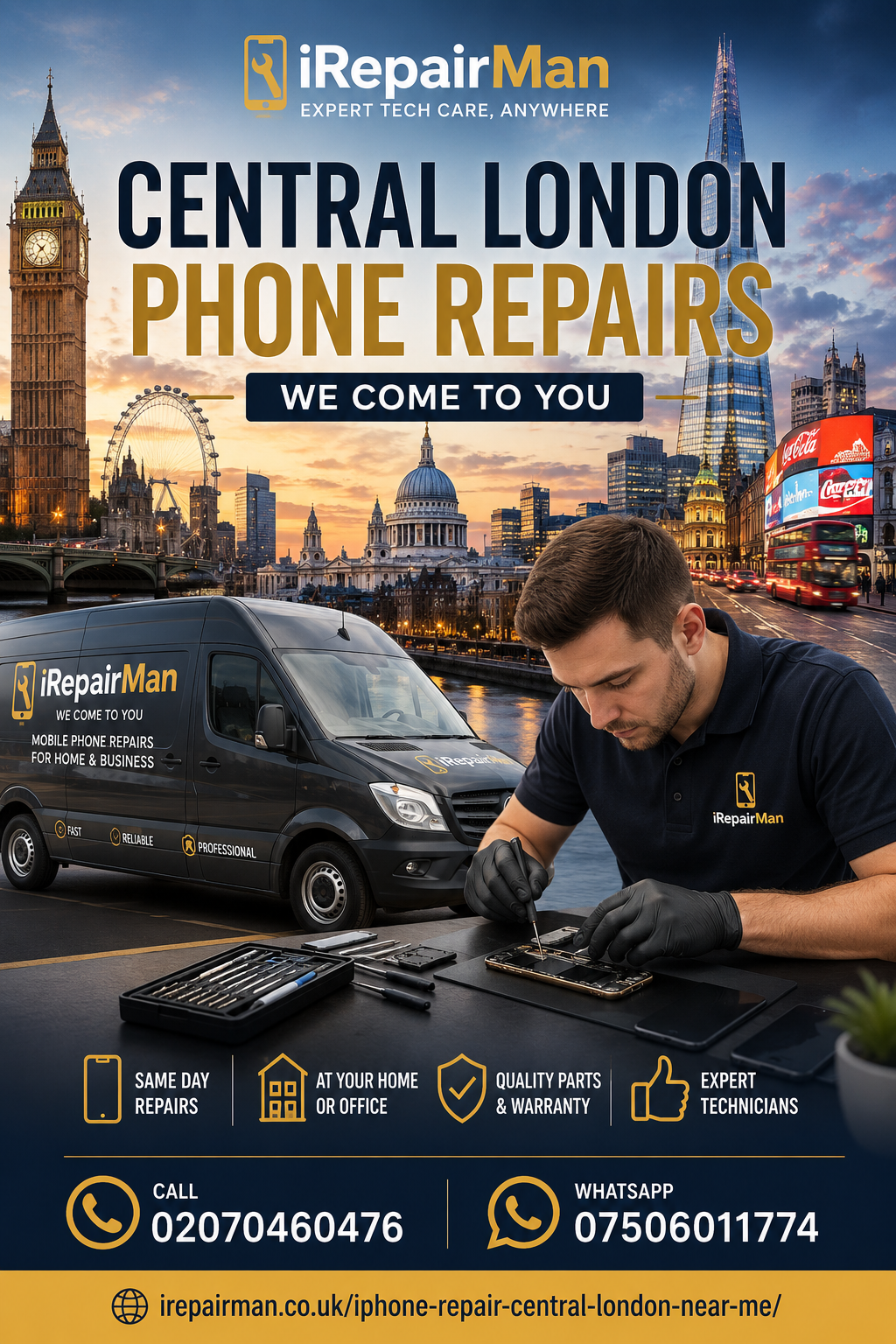 Premium iRepairMan Central London iPhone repair poster featuring mobile repair van, London skyline and professional phone technician