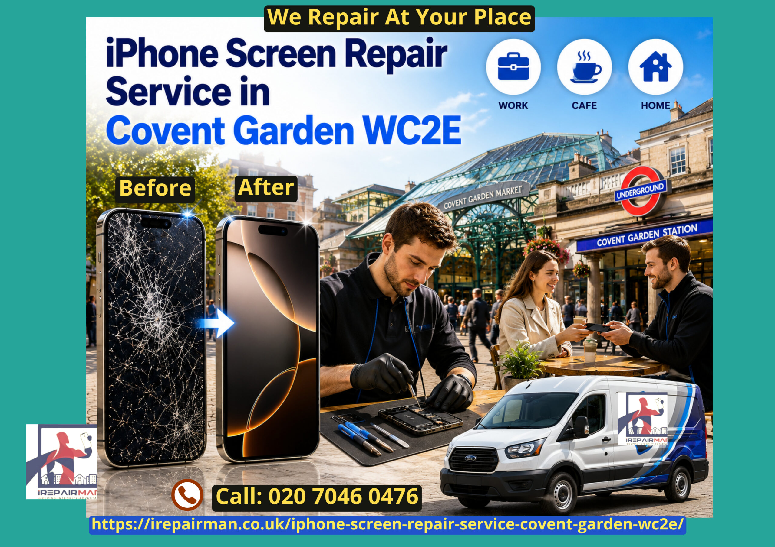 iPhone screen repair service in Covent Garden WC2E with before and after iPhone 17 Pro Max repair and mobile doorstep van service