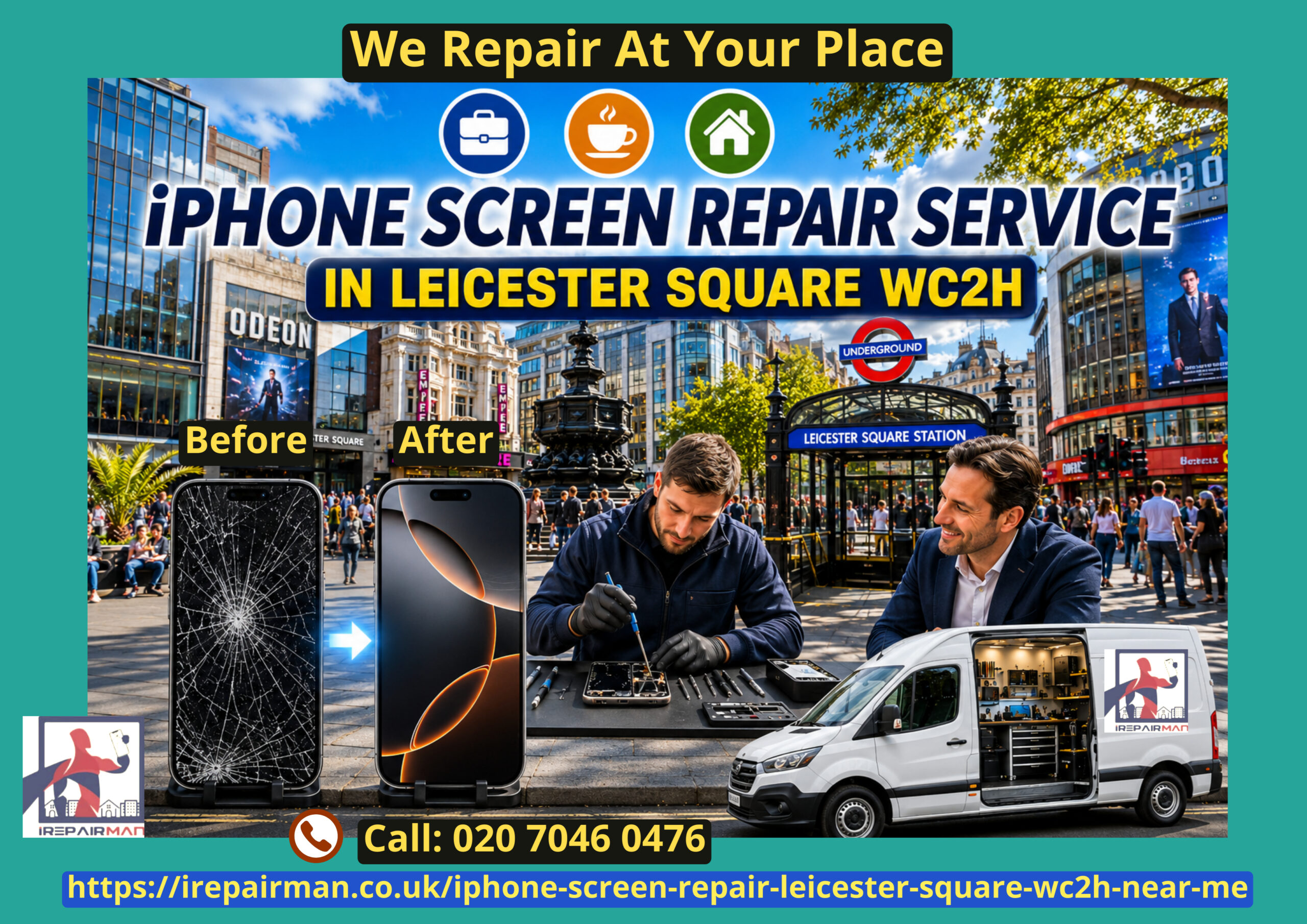 iPhone screen repair service in Leicester Square WC2H with before and after repair, technician and mobile repair van