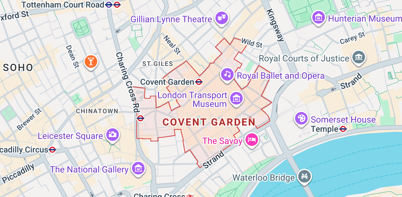 Map of Covent Garden WC2E in Central London showing nearby landmarks and transport connections for iPhone repair coverage