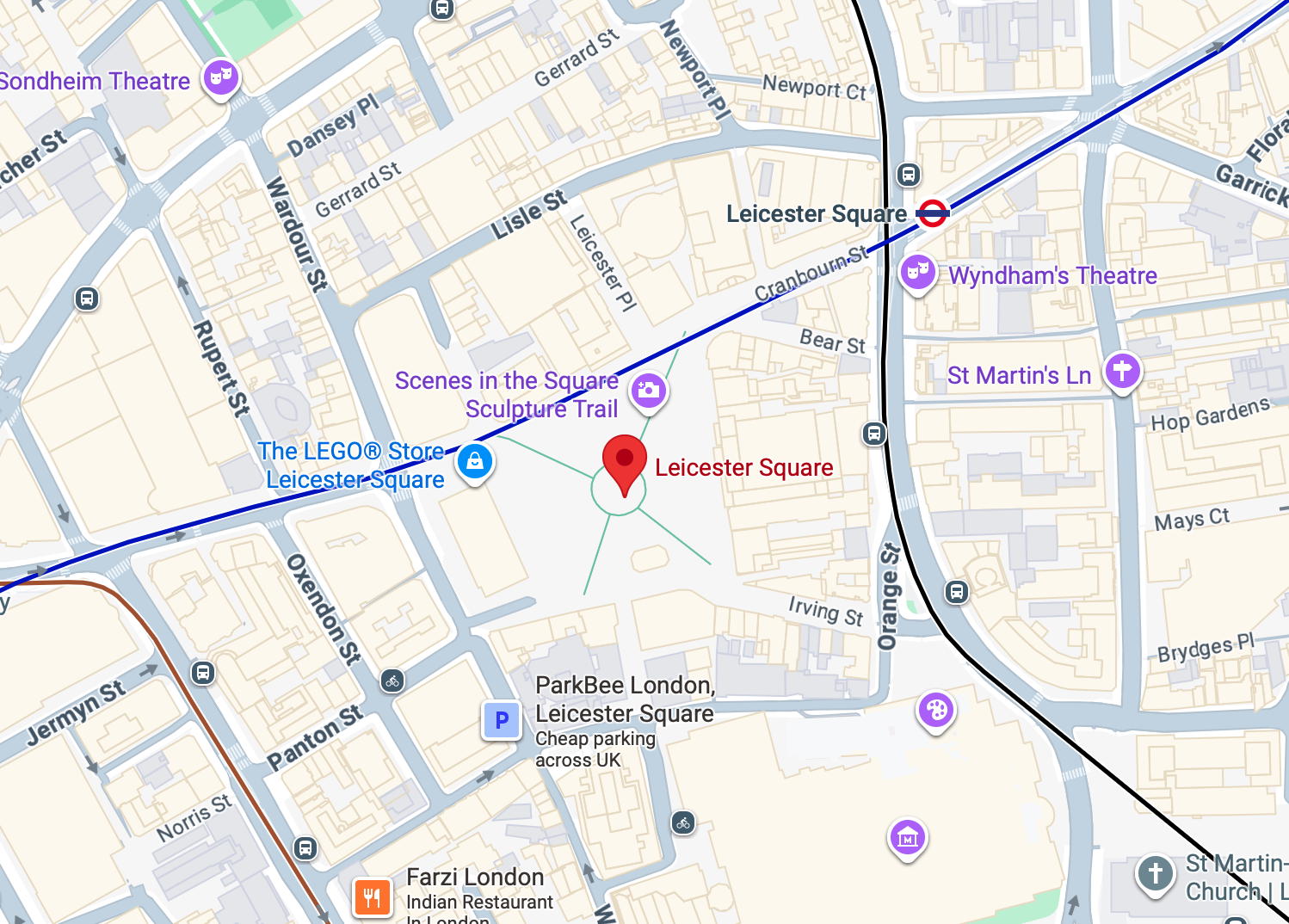 Map showing Leicester Square WC2H phone repair service area near Leicester Square Underground Station