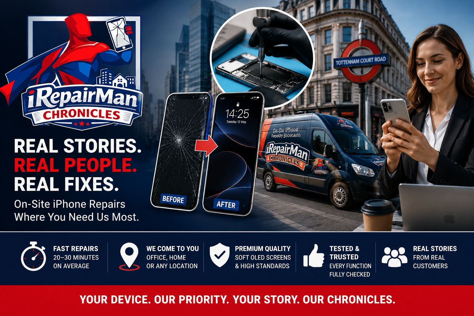 iRepairMan Chronicles featured image showing same-day iPhone 16 Pro office repair in Central London