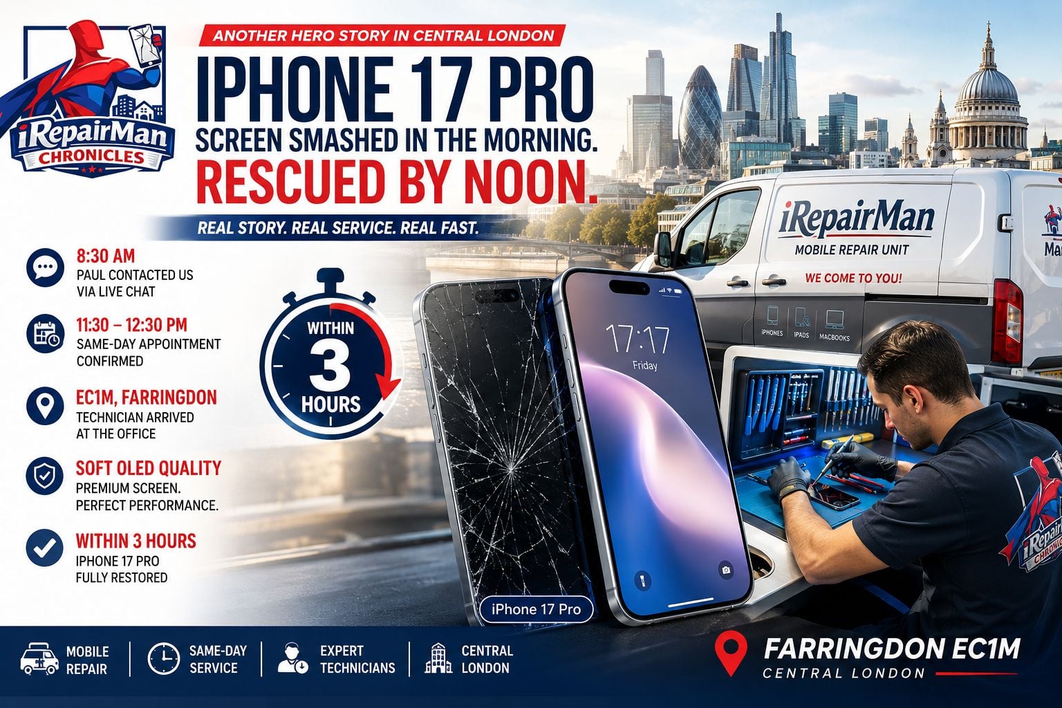 Featured image showing same-day iPhone 17 Pro screen repair by iRepairMan mobile technician in Farringdon EC1M Central London