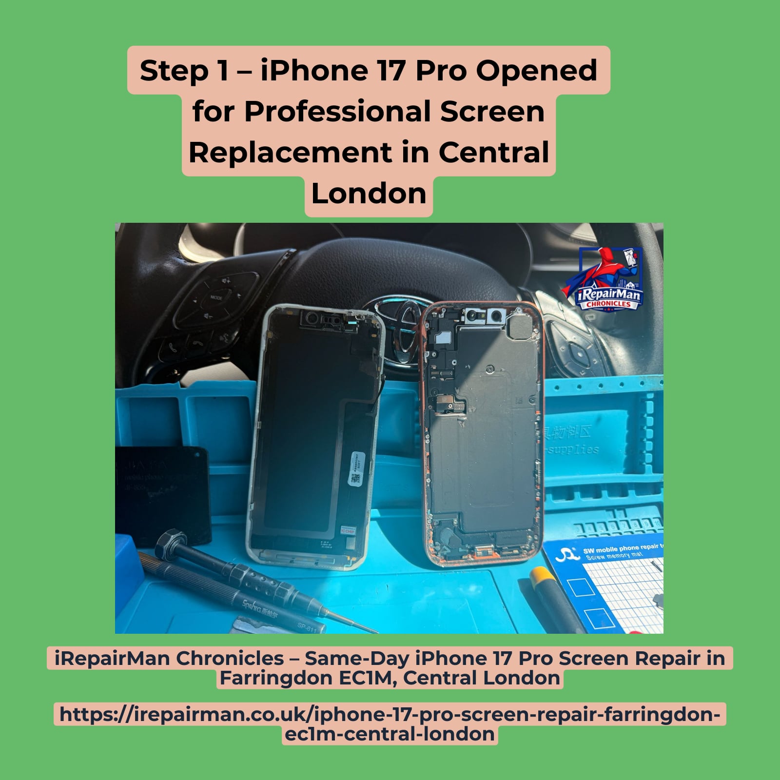 Step 1 iPhone 17 Pro repair setup inside mobile repair vehicle in Central London