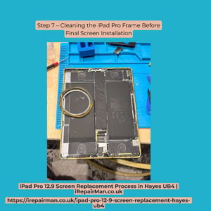 iPad Pro 12.9 internal frame cleaned and prepared with fresh adhesive during screen replacement repair in Hayes UB4