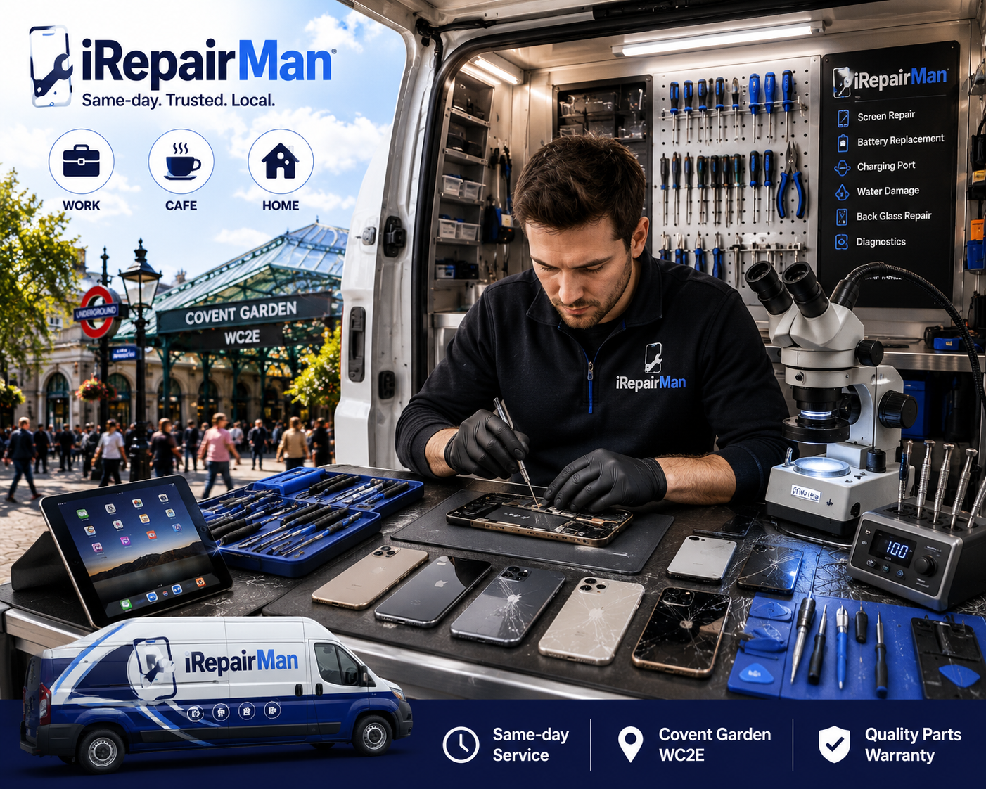 iRepairMan mobile workshop van repairing iPhones and iPads in Covent Garden WC2E with microscope and professional repair tools
