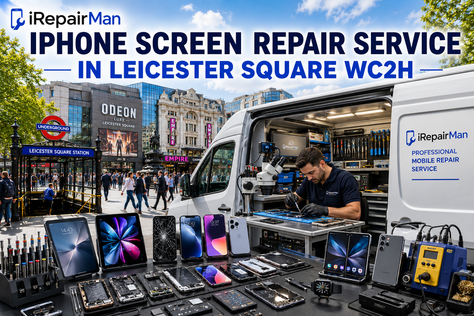 iRepairMan mobile repair workshop in Leicester Square WC2H with technician repairing iPhone, microscope, tools and devices