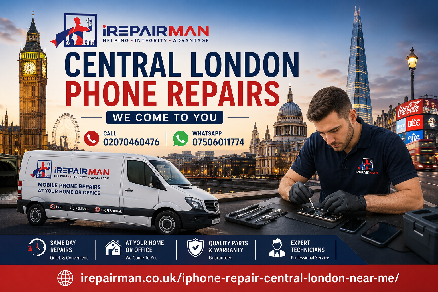 iRepairMan technician providing same-day iPhone and mobile phone repair service in Central London with Big Ben, St Paul’s Cathedral and The Shard skyline